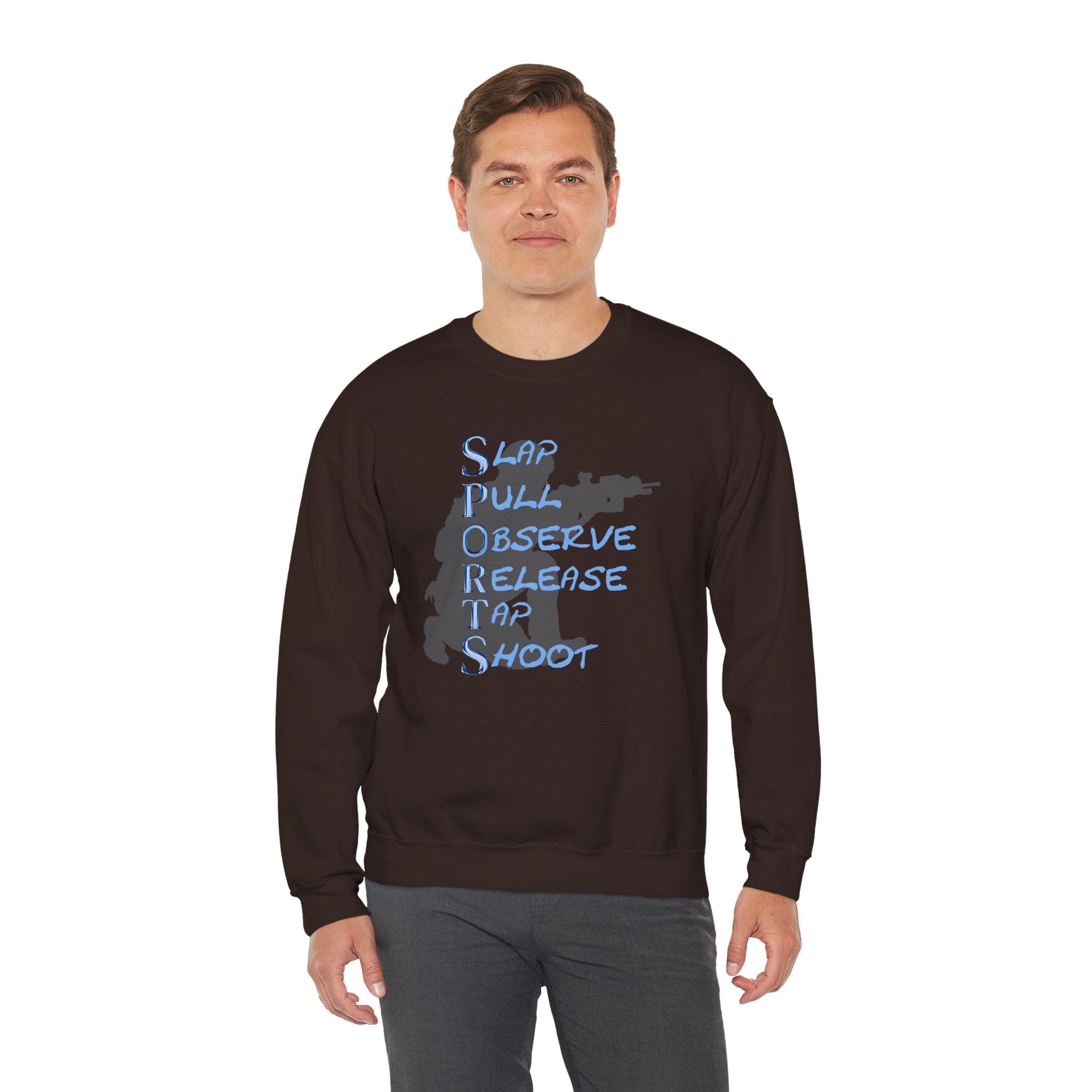 SPORTS Crewneck Sweatshirt – 'Slap Pull Observe Release Take Shoot' Silhouette
