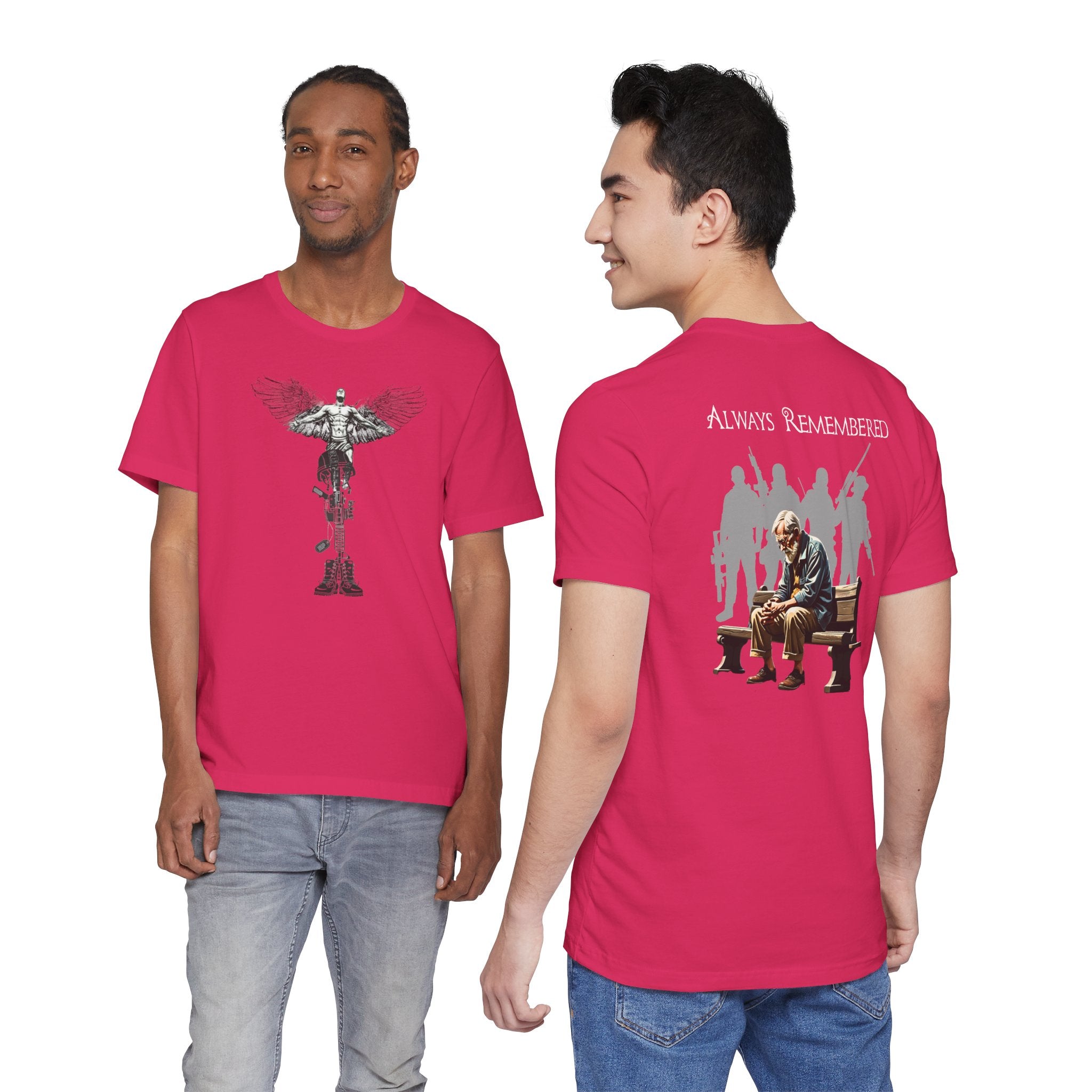 Veteran Tribute Tee — Fallen Soldier Cross with Winged Helmet & 'Forgotten Hero' Bench Back Design