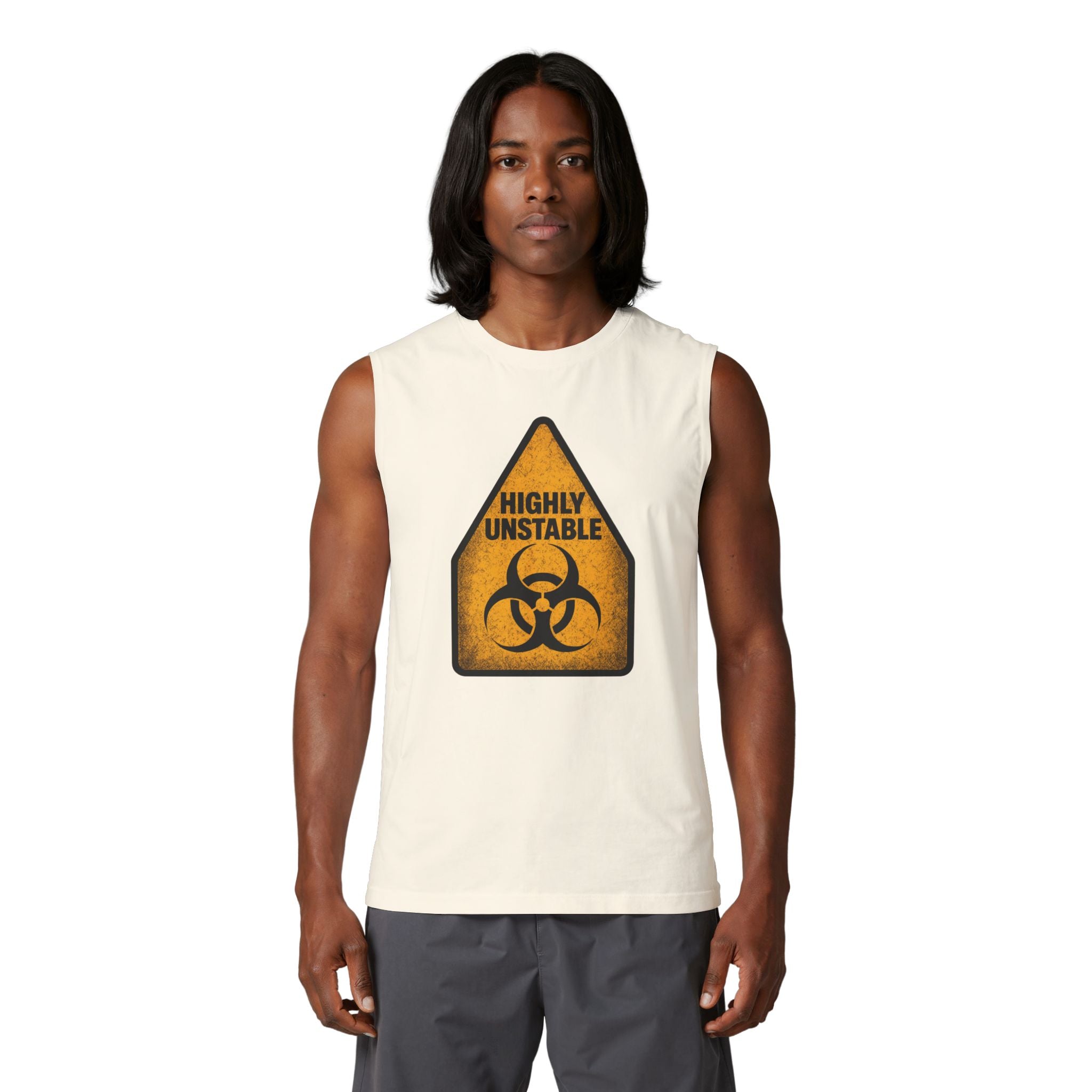 Highly Unstable Biohazard Muscle Tank — Graphic Warning Sign Gym Tank Top