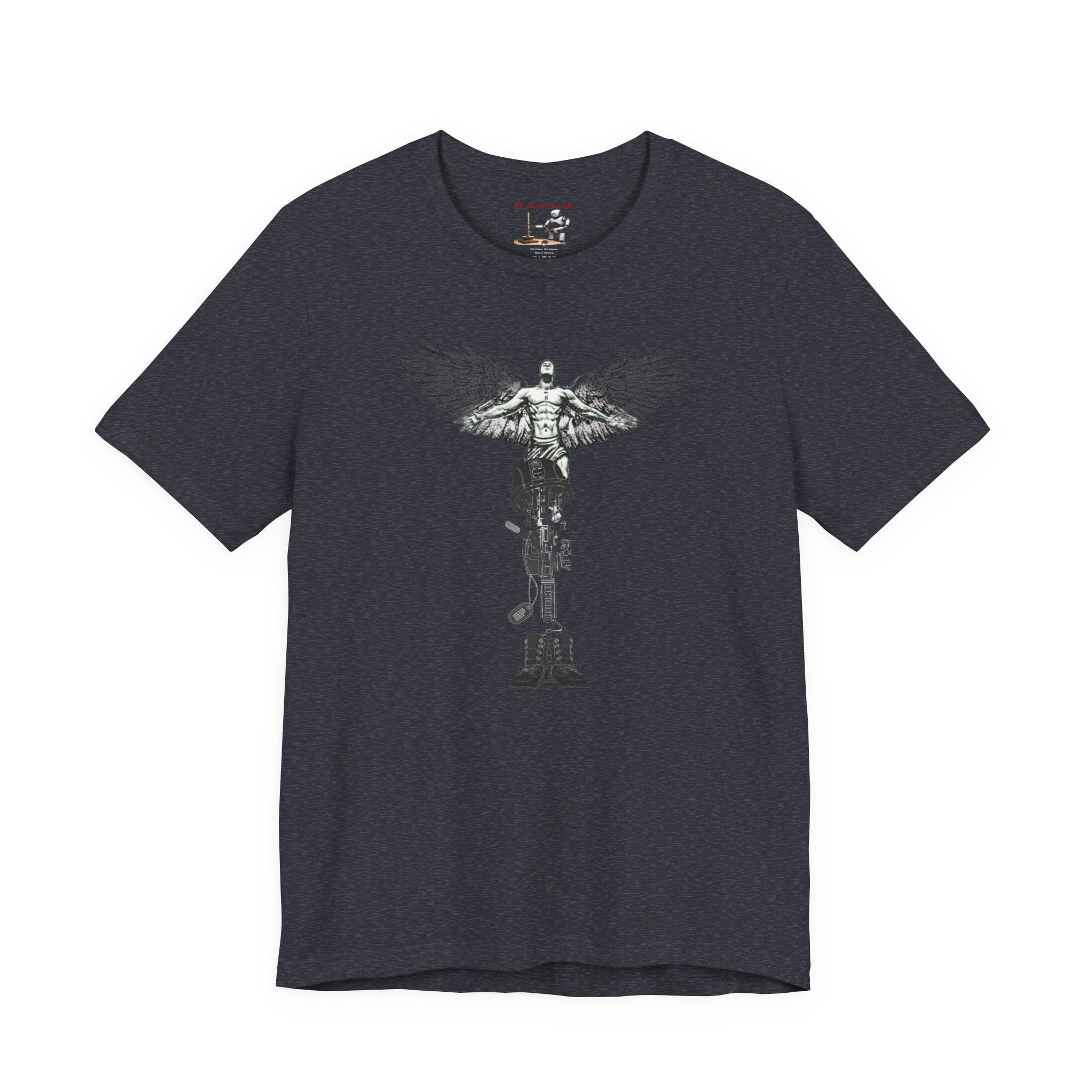 Veteran Tribute Tee — Fallen Soldier Cross with Winged Helmet & 'Forgotten Hero' Bench Back Design