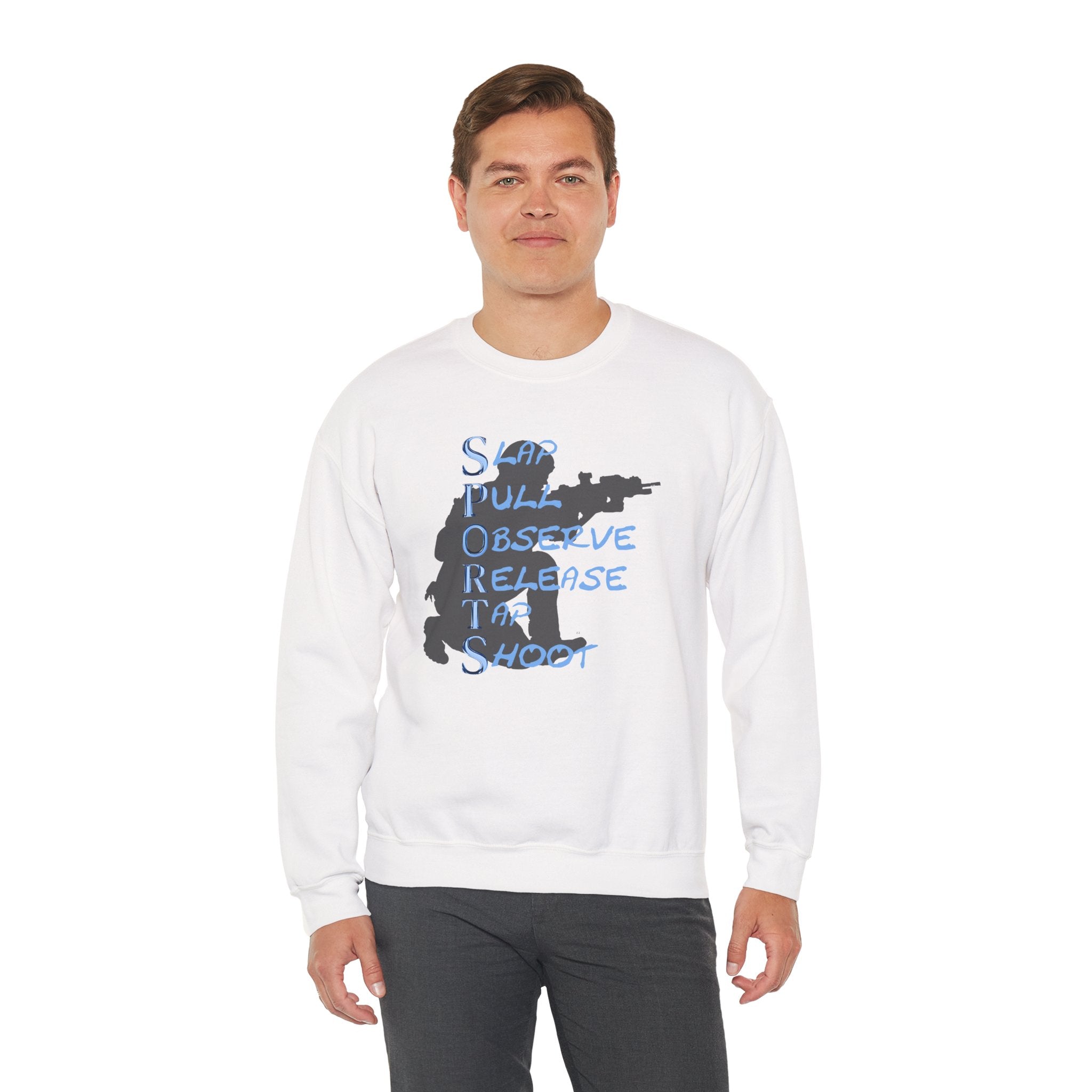 SPORTS Crewneck Sweatshirt – 'Slap Pull Observe Release Take Shoot' Silhouette