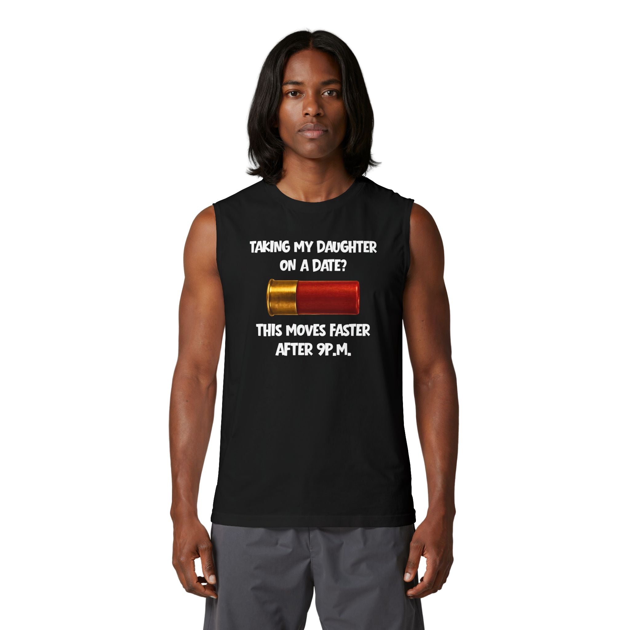 Muscle Tank — "Taking My Daughter on a Date? This Moves Faster After 9 P.M." Funny Dad Protecto-Bullet Tee