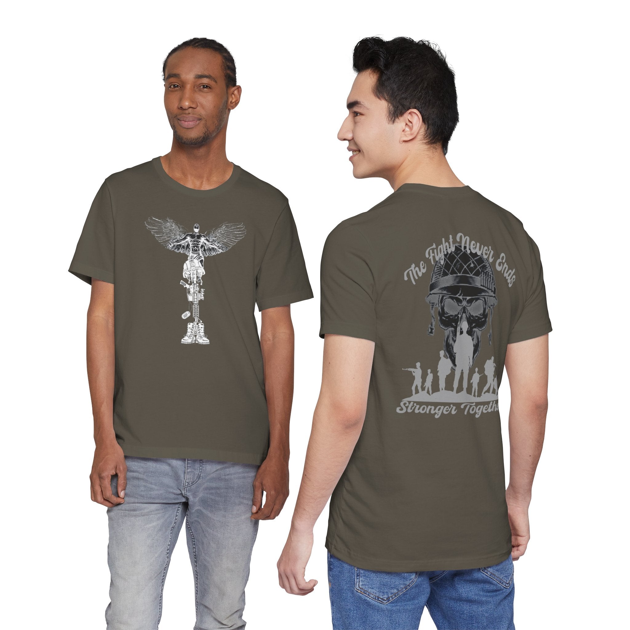 Military Tribute T-Shirt — "The Fight Never Ends, Stronger Together" Graphic Tee