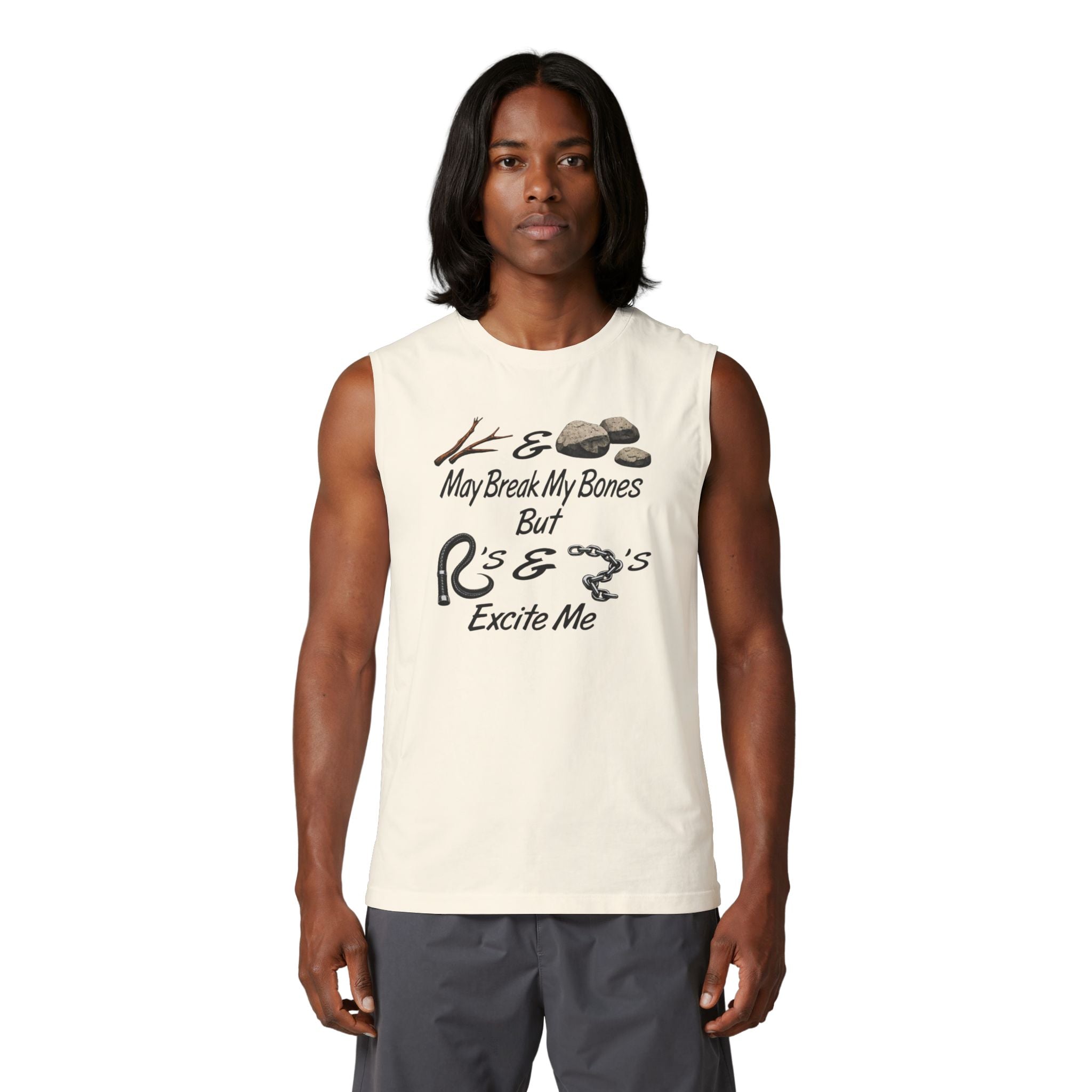 “Sticks & Stones May Break My Bones but Whips & Chains Excite Me” Muscle Tank — Edgy Mechanic & Biker Workout Tee