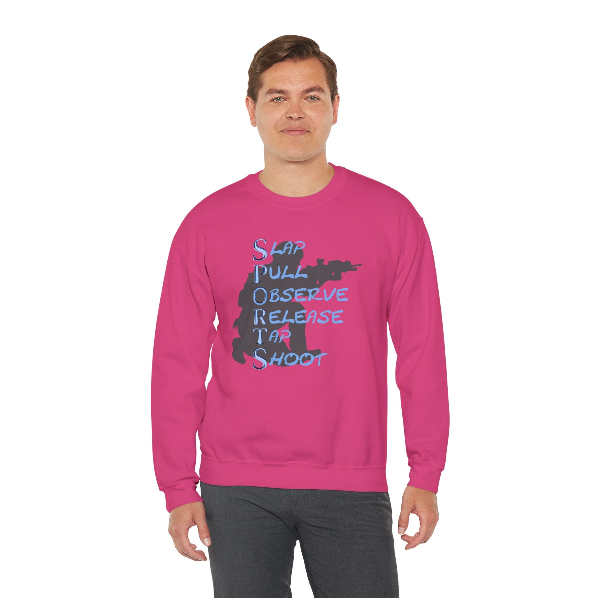 SPORTS Crewneck Sweatshirt – 'Slap Pull Observe Release Take Shoot' Silhouette
