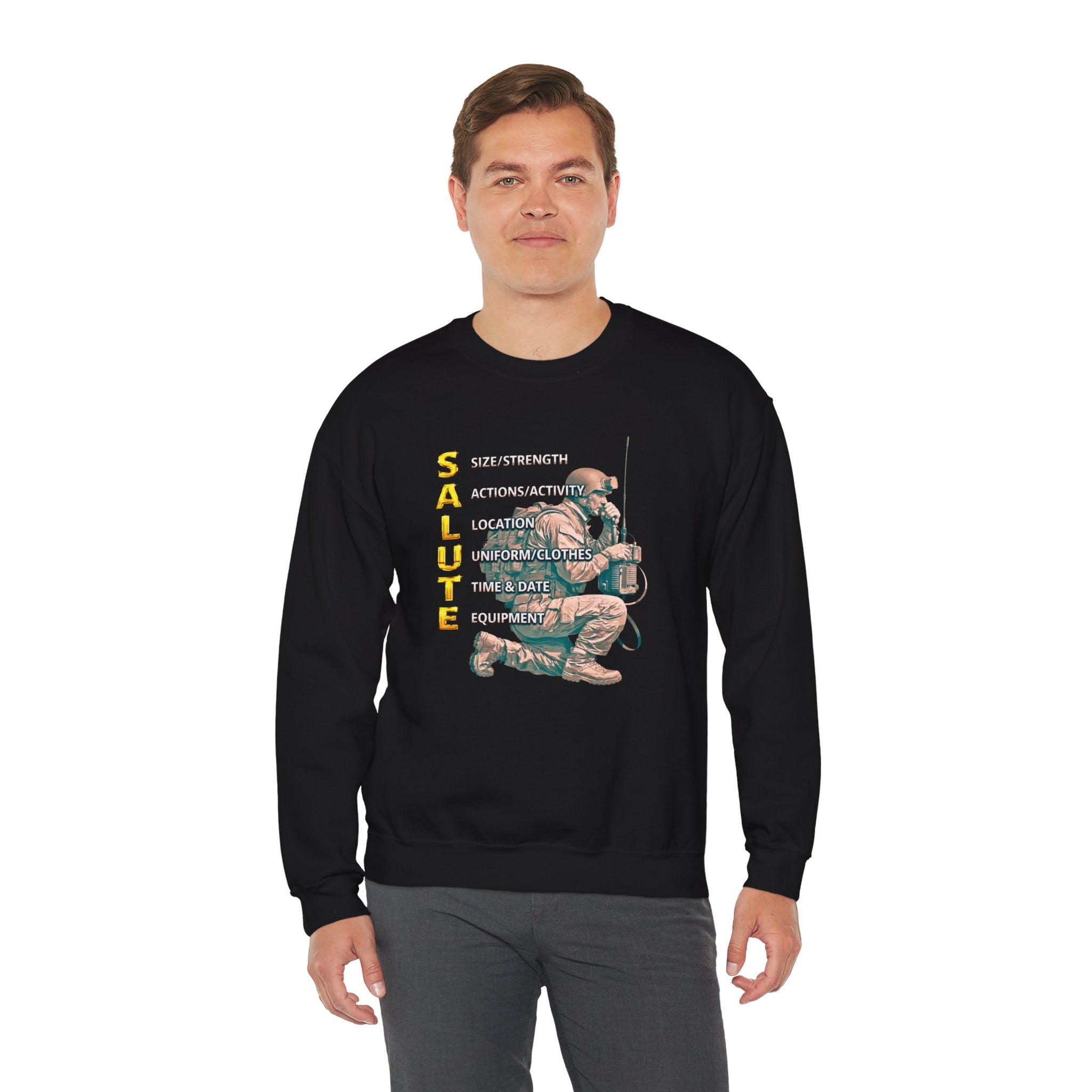 Salute Military Crewneck Sweatshirt — Tactical Kneeling Soldier Design