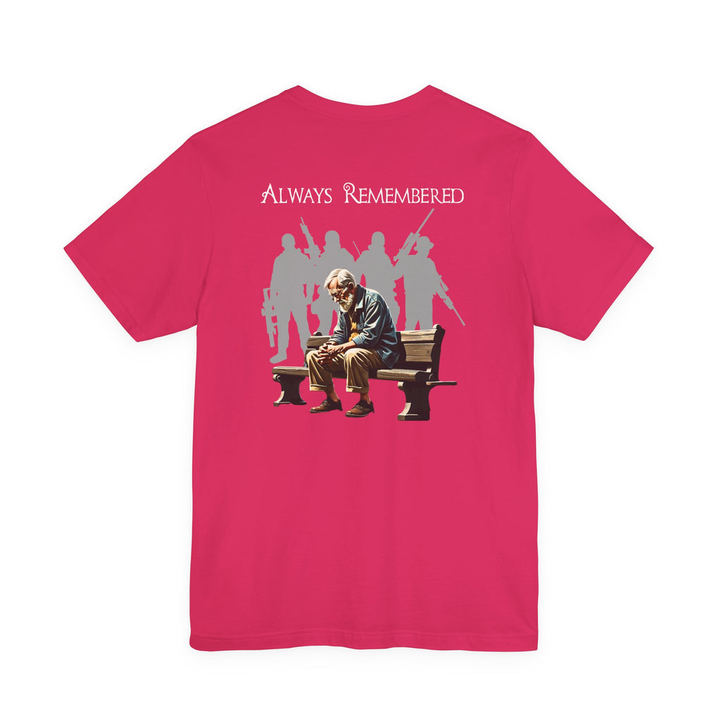 Veteran Tribute Tee — Fallen Soldier Cross with Winged Helmet & 'Forgotten Hero' Bench Back Design