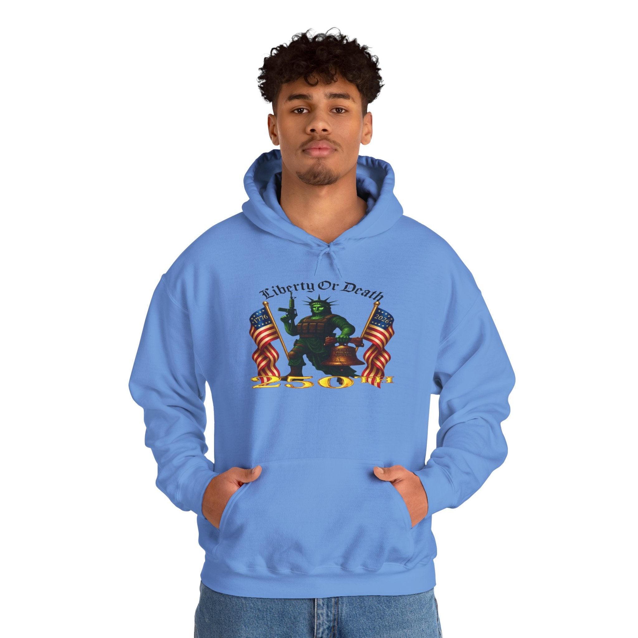 Liberty or Death Hoodie - Patriotic Statue of Liberty Design with American Flags