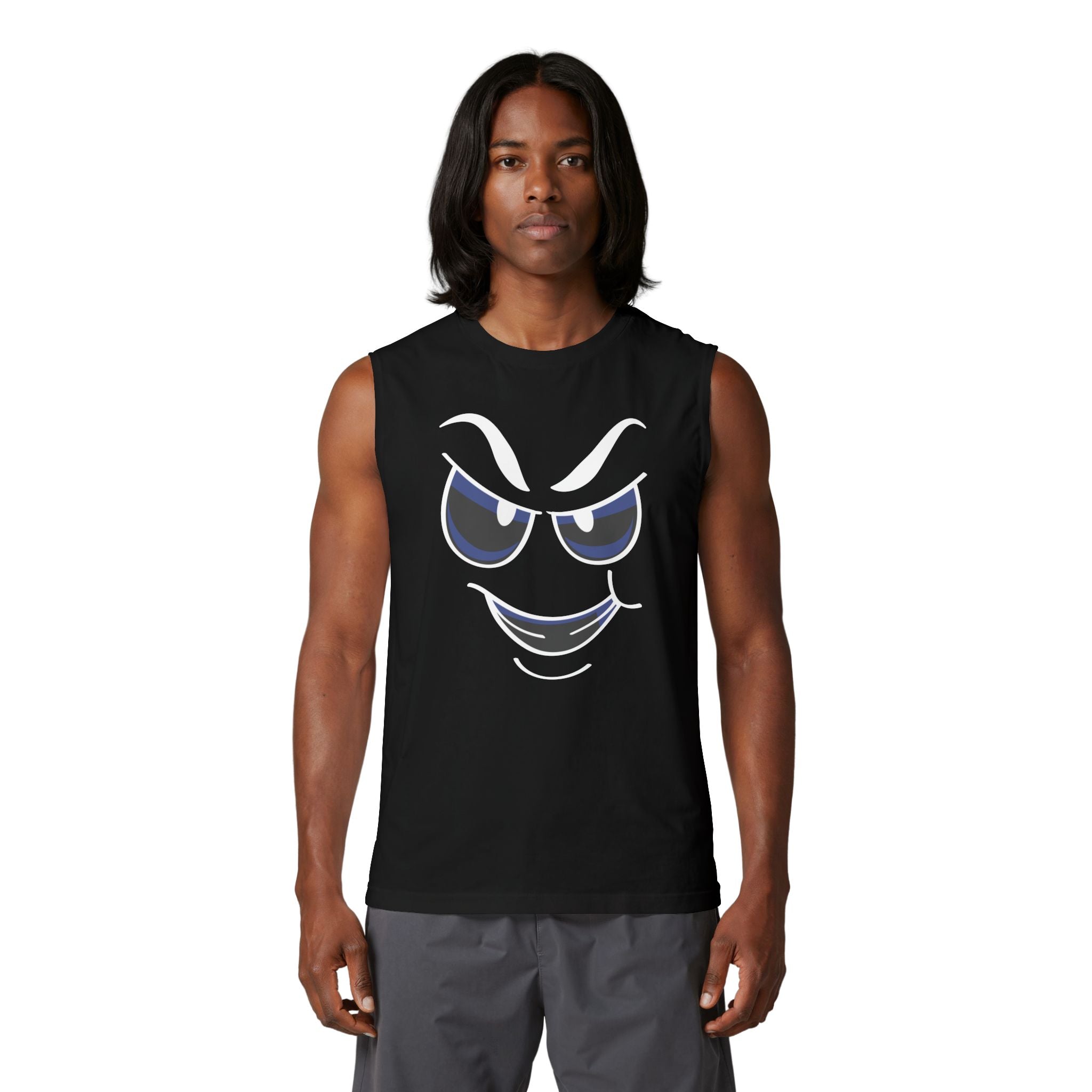 Cheeky Grin Muscle Tank — Smirking Face Graphic Sleeveless Shirt