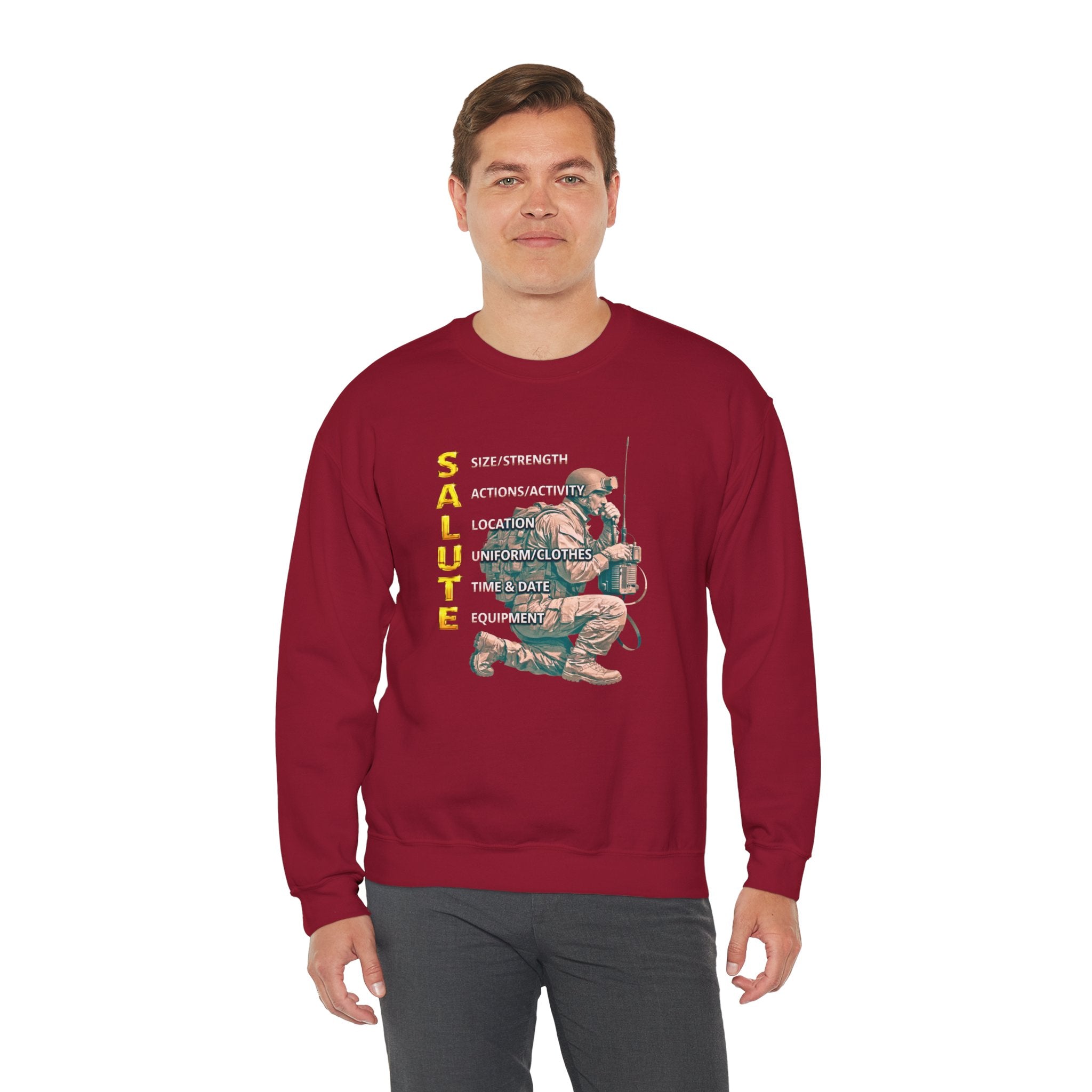 Salute Military Crewneck Sweatshirt — Tactical Kneeling Soldier Design
