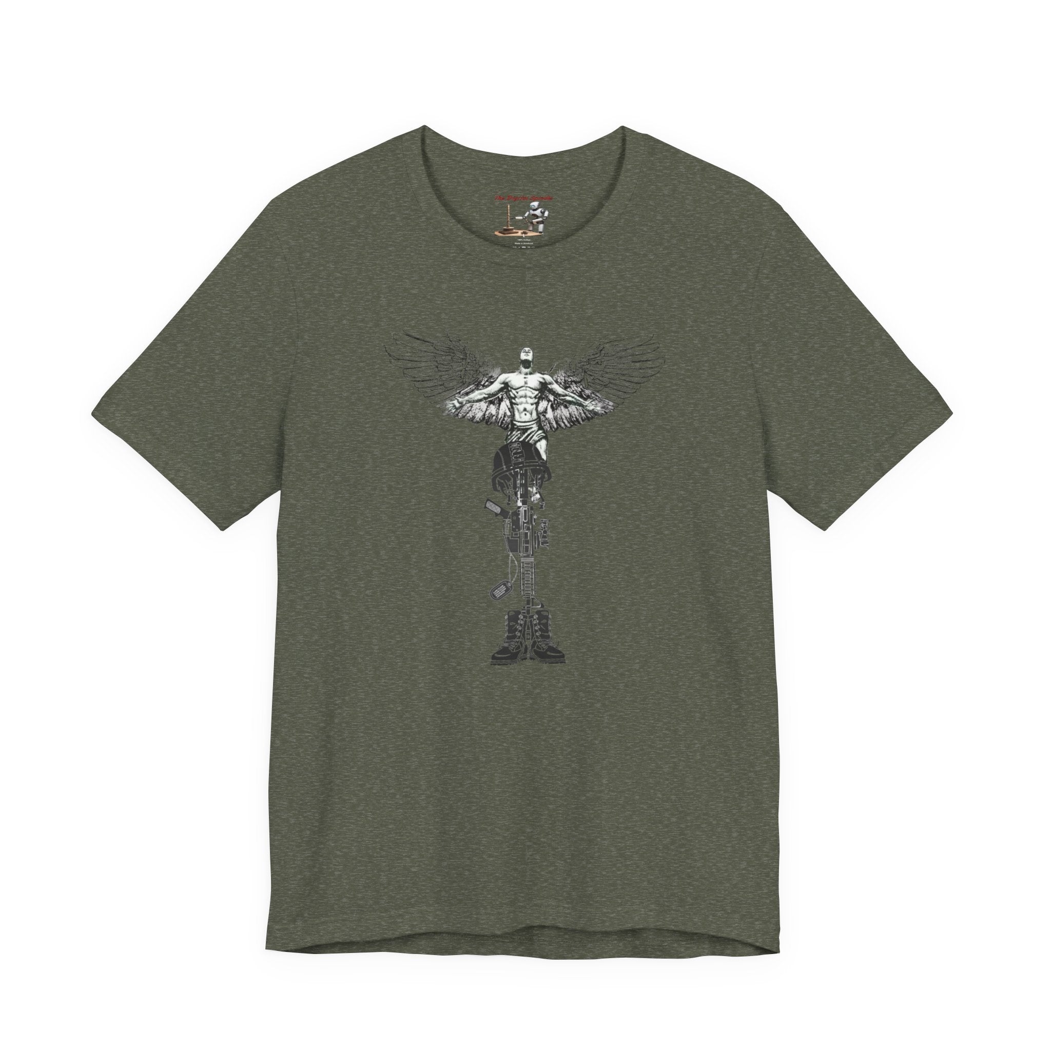 Veteran Tribute Tee — Fallen Soldier Cross with Winged Helmet & 'Forgotten Hero' Bench Back Design