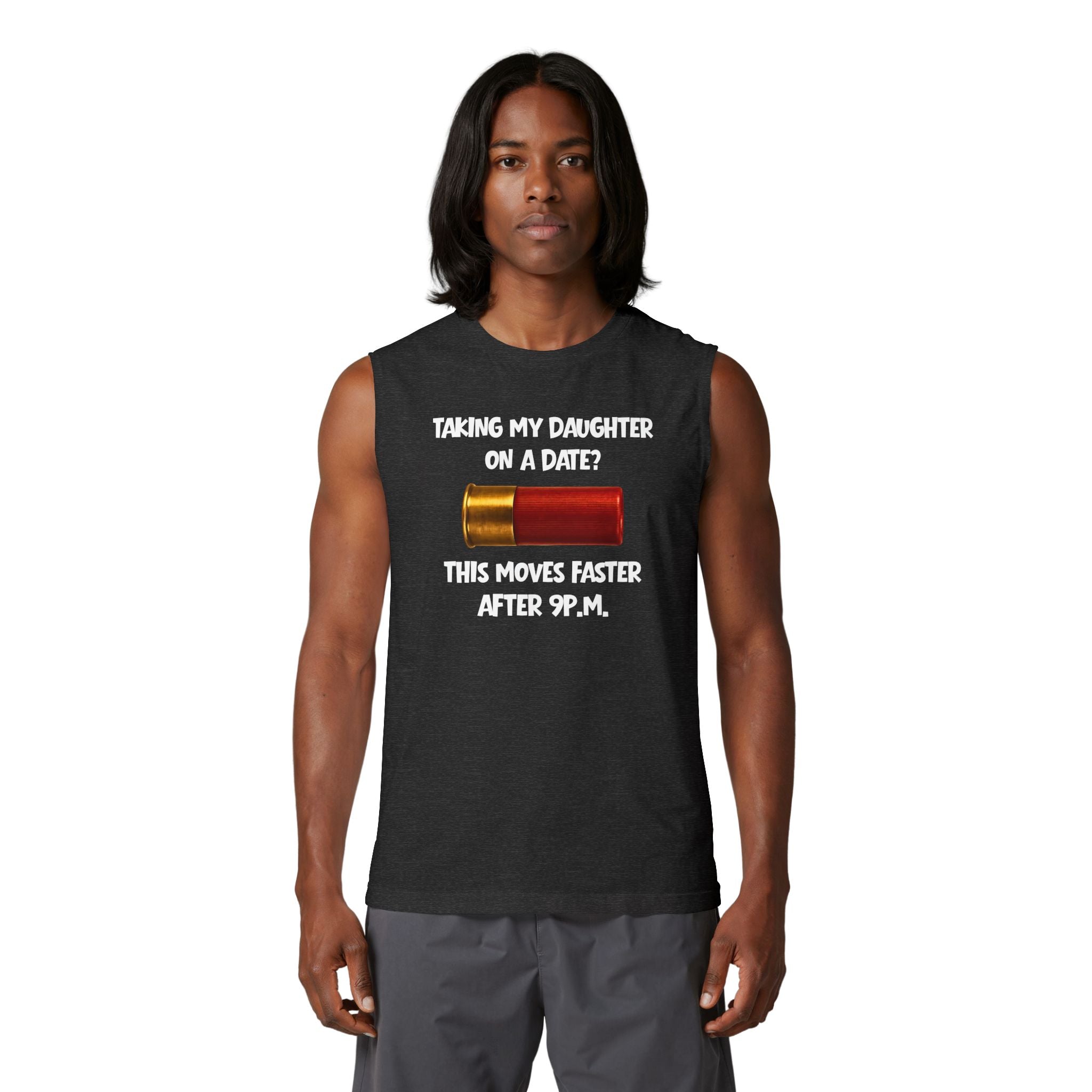 Muscle Tank — "Taking My Daughter on a Date? This Moves Faster After 9 P.M." Funny Dad Protecto-Bullet Tee