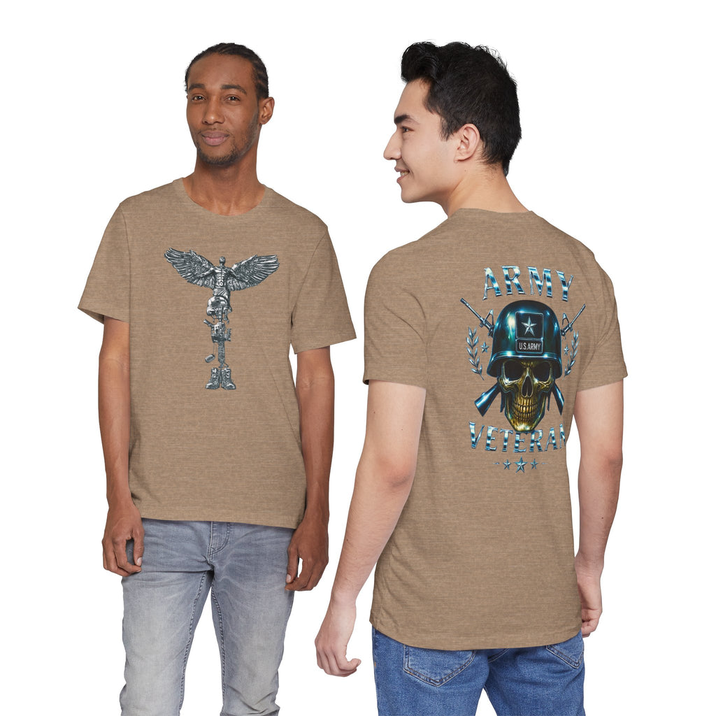 Army Veteran T-Shirt — Military Skull Helmet Back & Winged Medic Front Tee