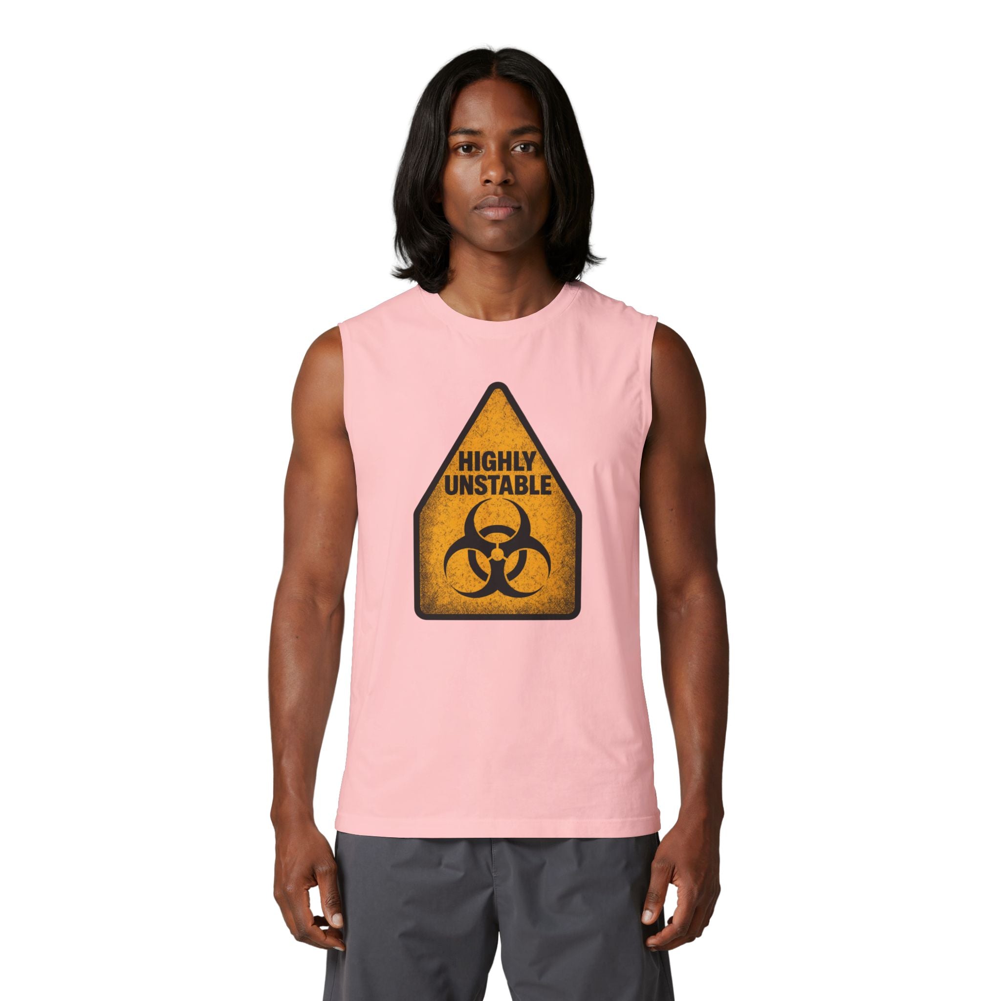 Highly Unstable Biohazard Muscle Tank — Graphic Warning Sign Gym Tank Top