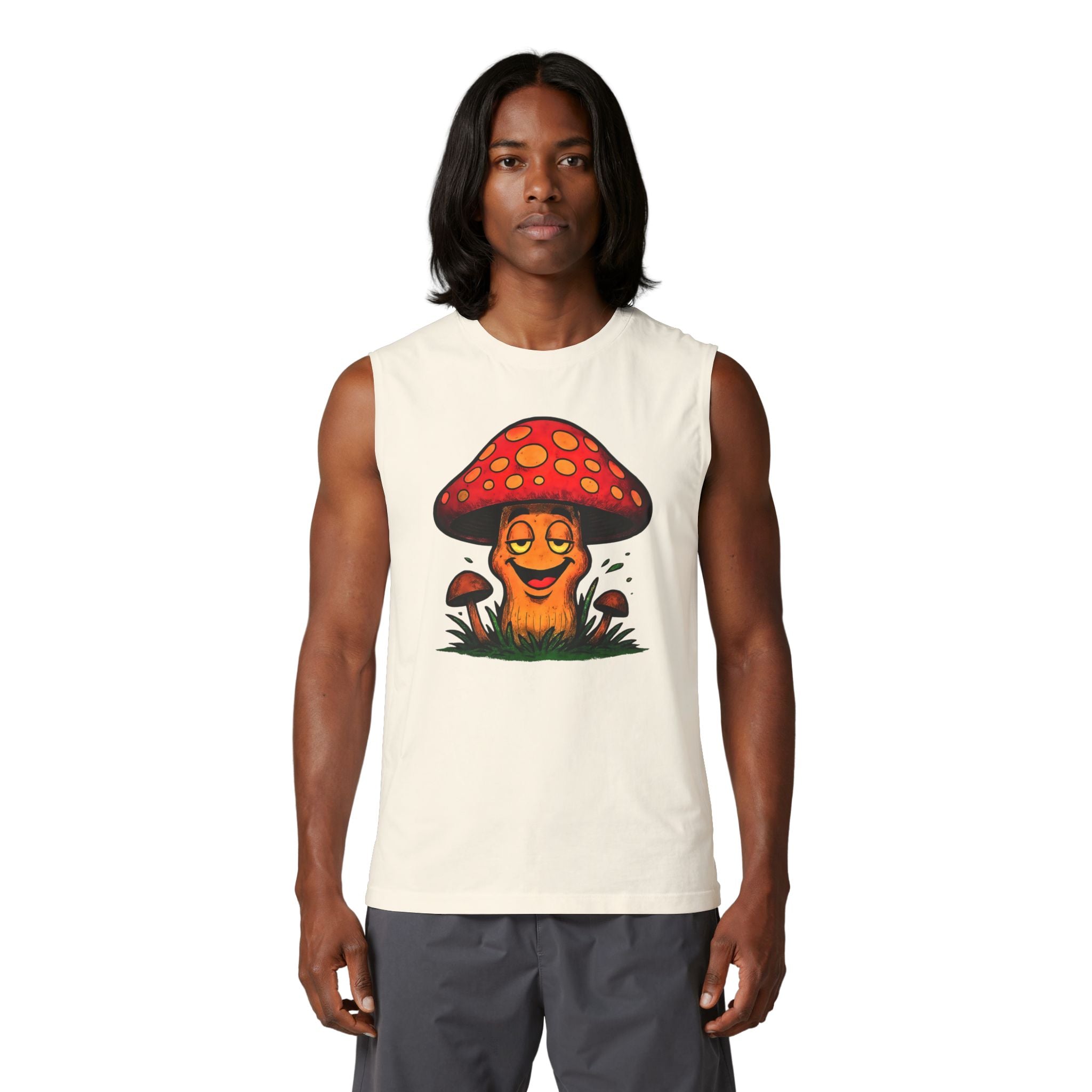 Chill Cartoon Mushroom Muscle Tank — Retro Smiling Fungus Graphic Tee