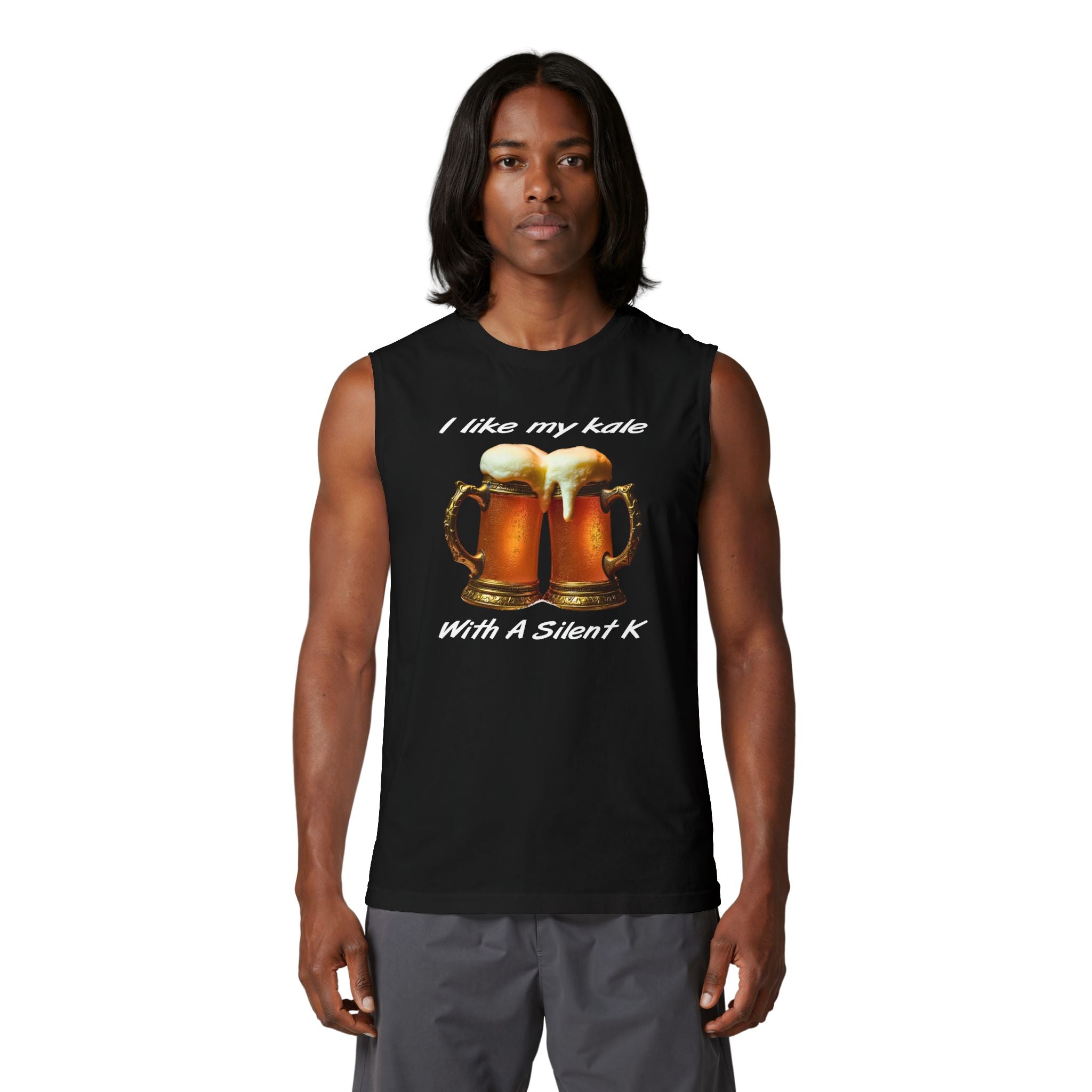 Beer-Lover Muscle Tank — "I Like My Kale With A Silent K" Funny Pub Drinking Tank Top