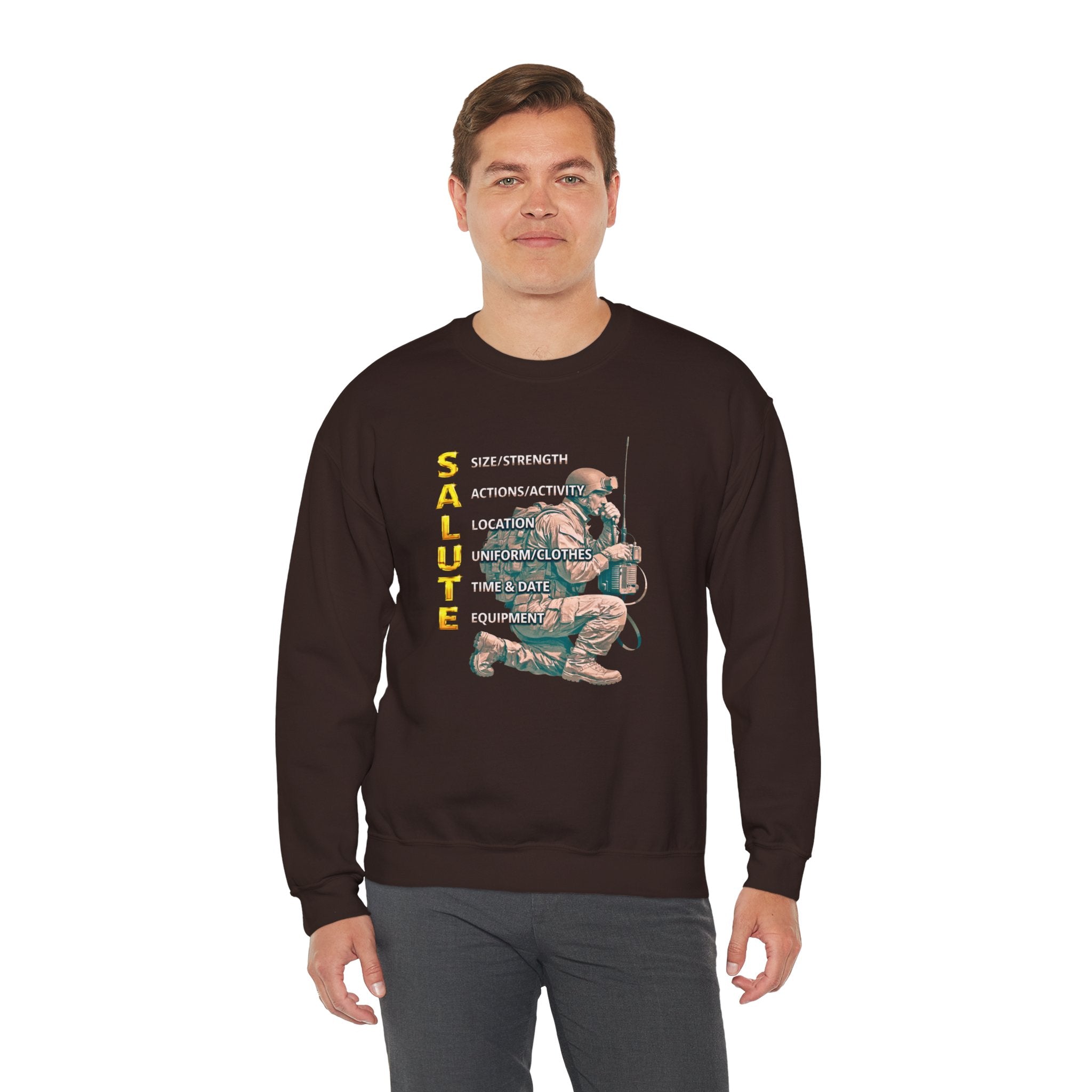 Salute Military Crewneck Sweatshirt — Tactical Kneeling Soldier Design