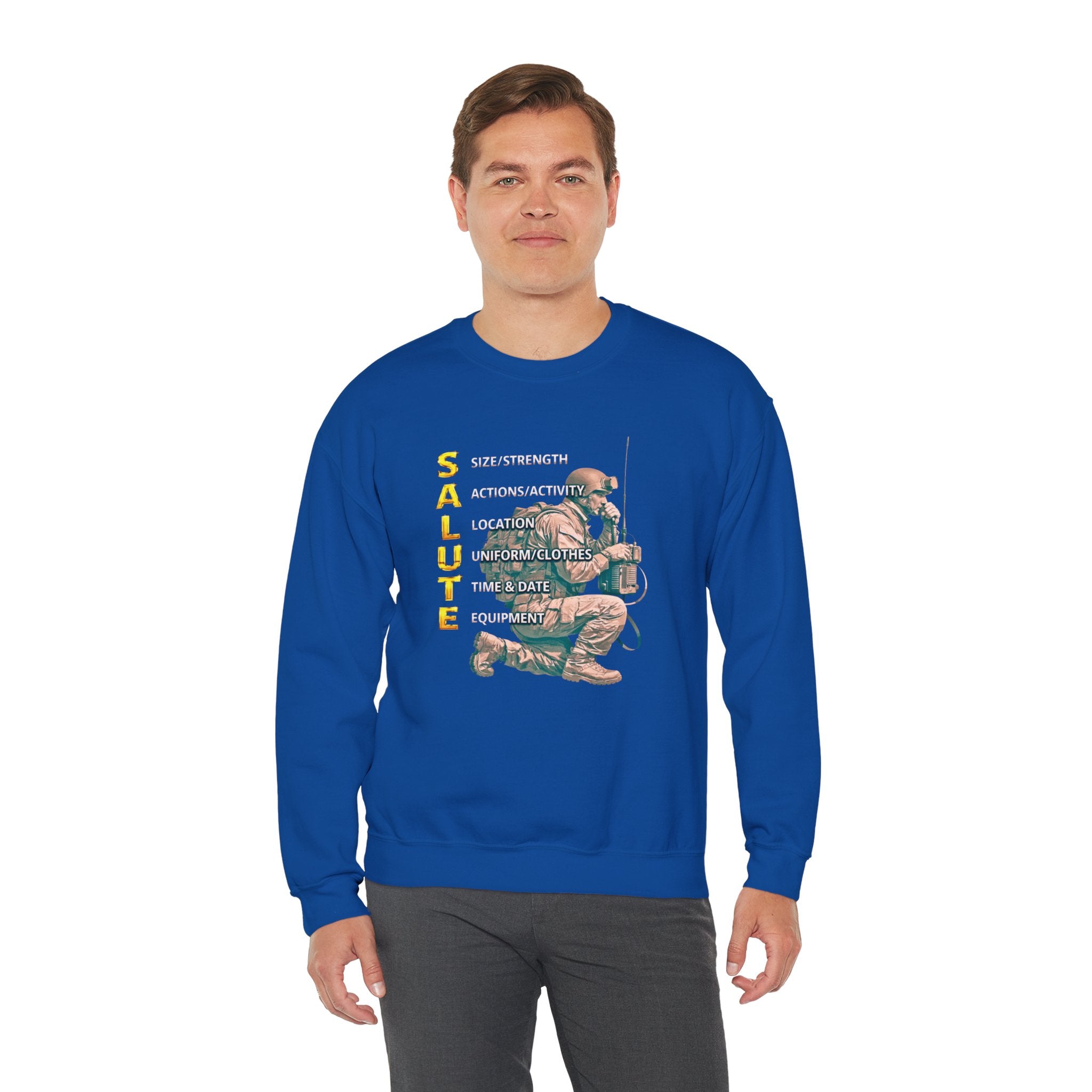Salute Military Crewneck Sweatshirt — Tactical Kneeling Soldier Design