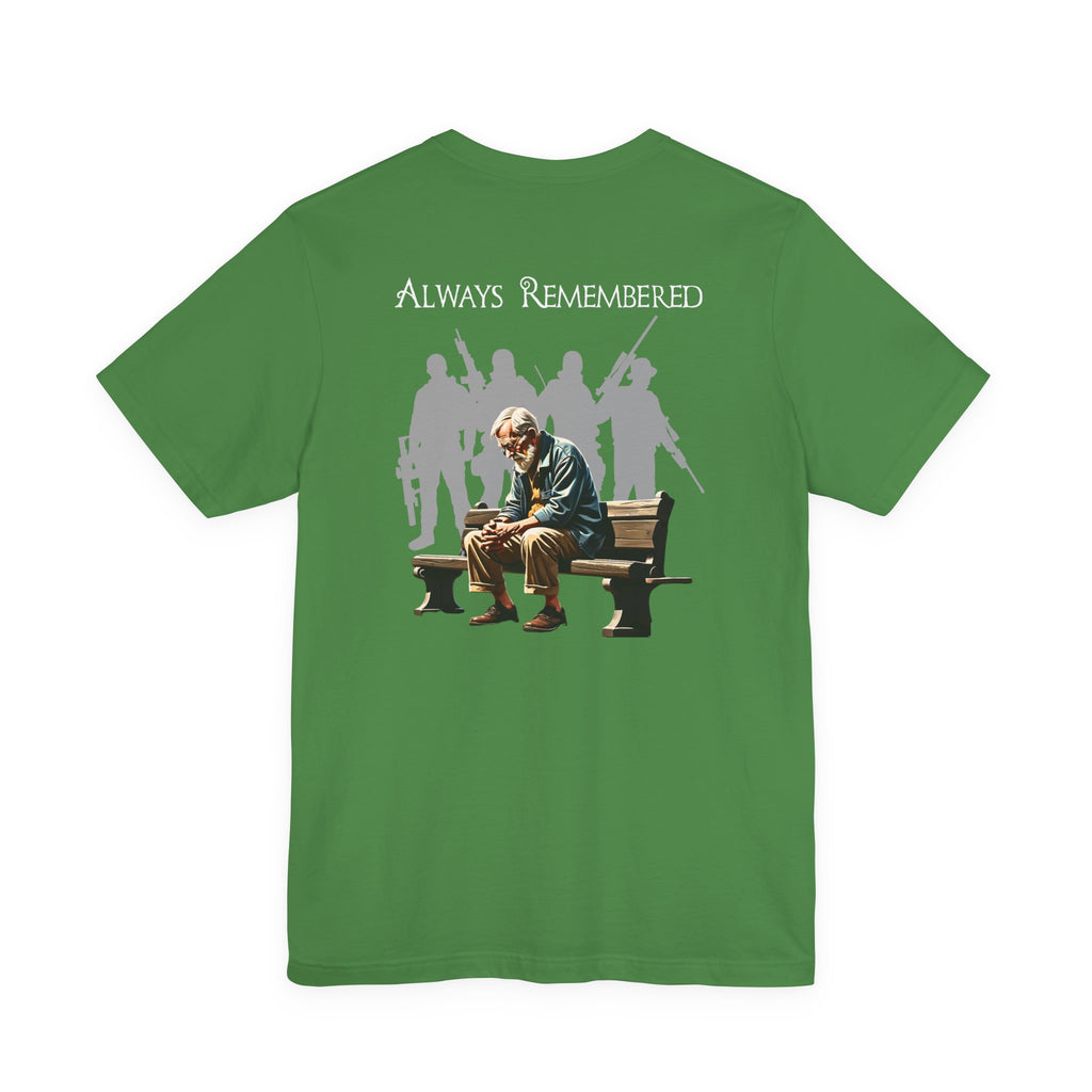 Veteran Tribute Tee — Fallen Soldier Cross with Winged Helmet & 'Forgotten Hero' Bench Back Design