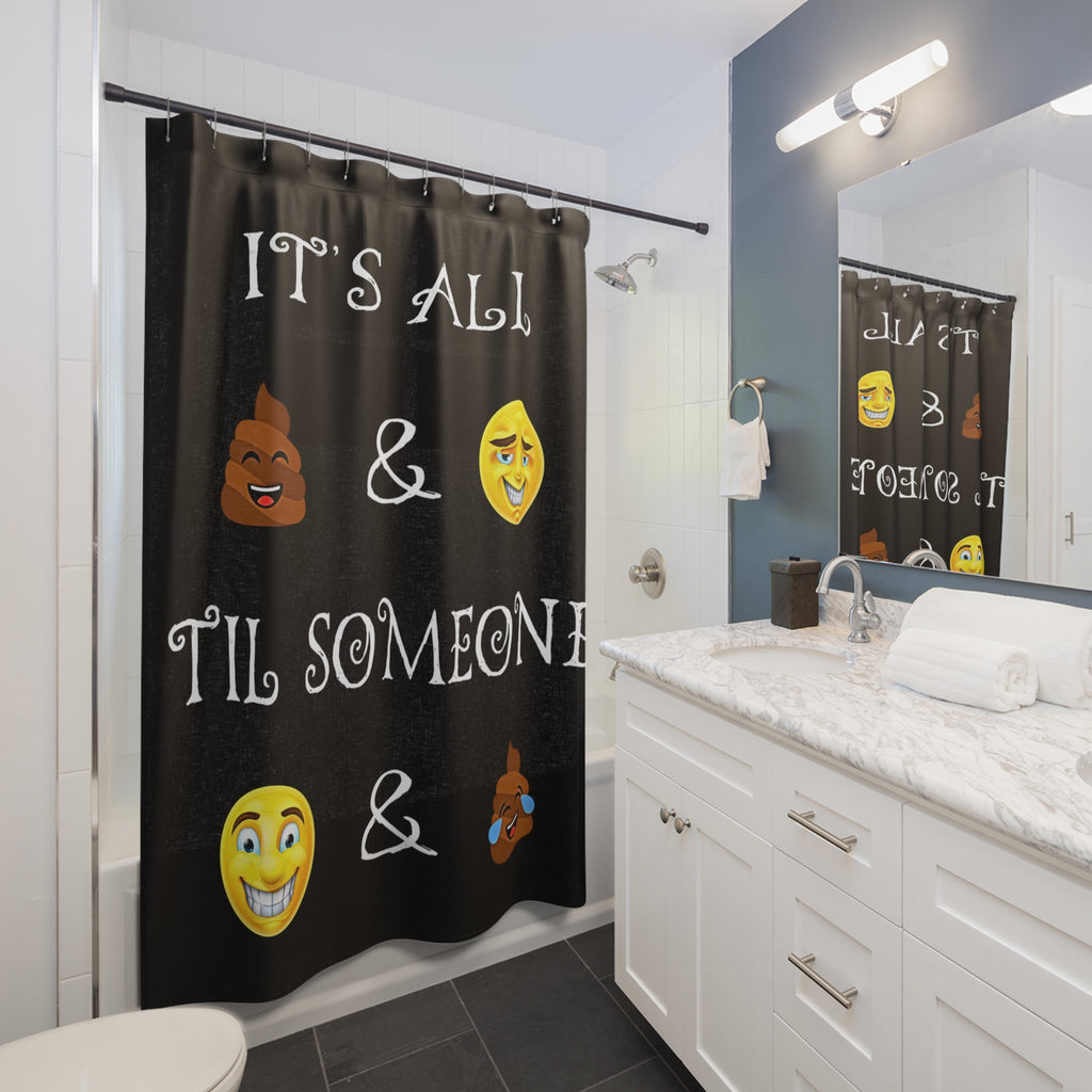 Funny Emoji Quote Shower Curtain | Poop and Grin Bathroom Decor