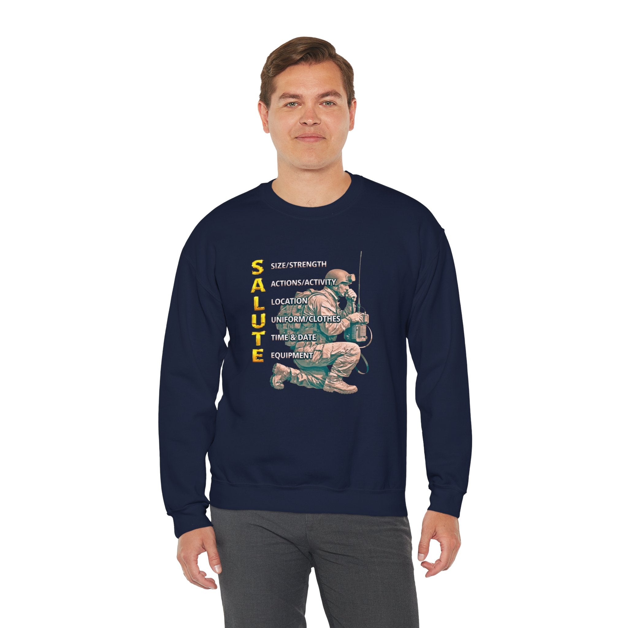 Salute Military Crewneck Sweatshirt — Tactical Kneeling Soldier Design