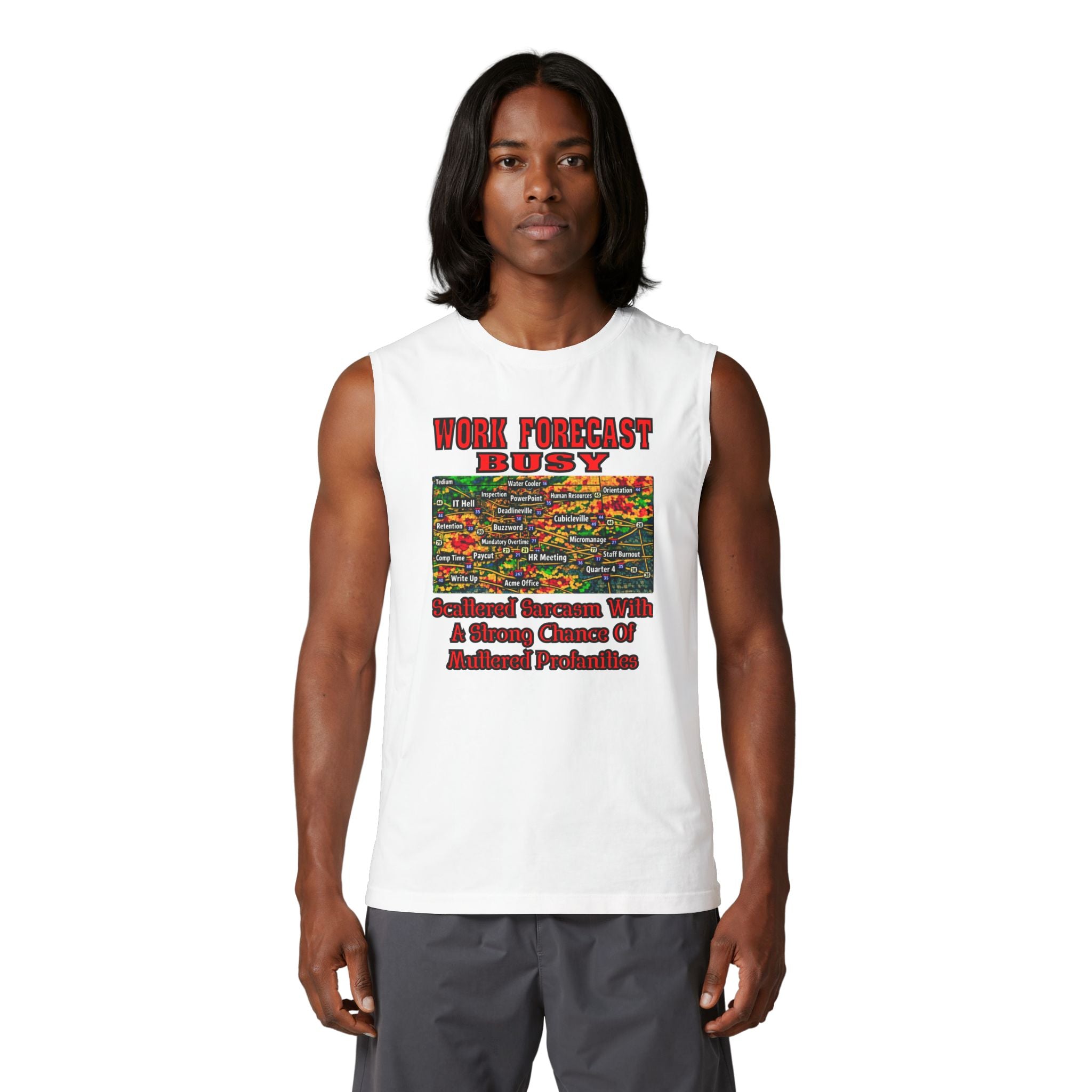 Busy Work Forecast Muscle Tank — 'Work Forecast: Busy' Humorous Office Tank Top