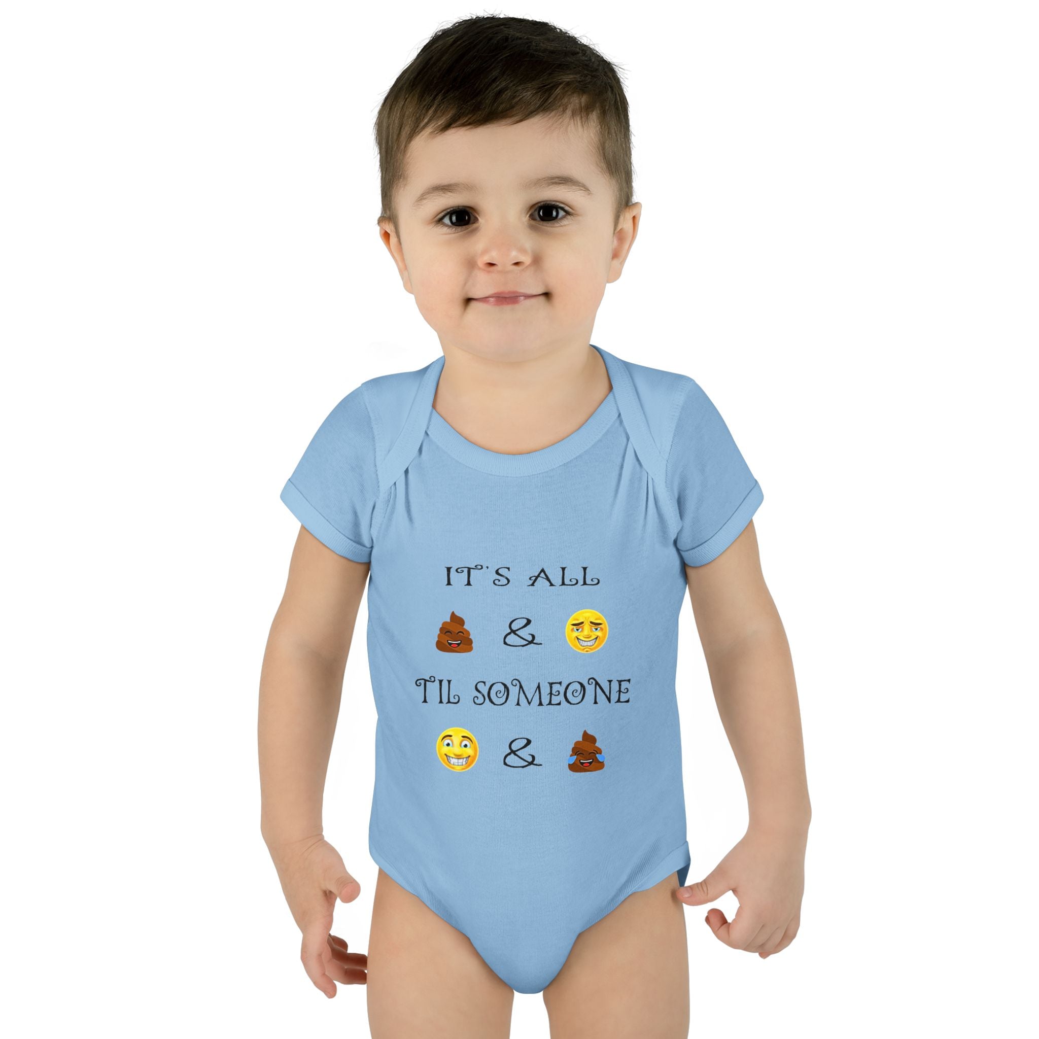 "It's All & 'Til Someone" Poop & Emoji Funny Baby Onesie