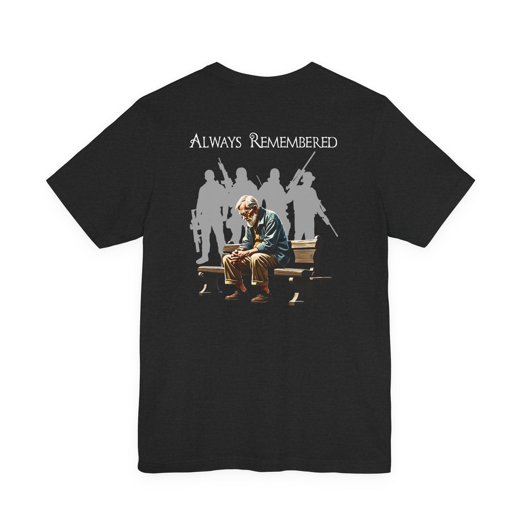 Veteran Tribute Tee — Fallen Soldier Cross with Winged Helmet & 'Forgotten Hero' Bench Back Design