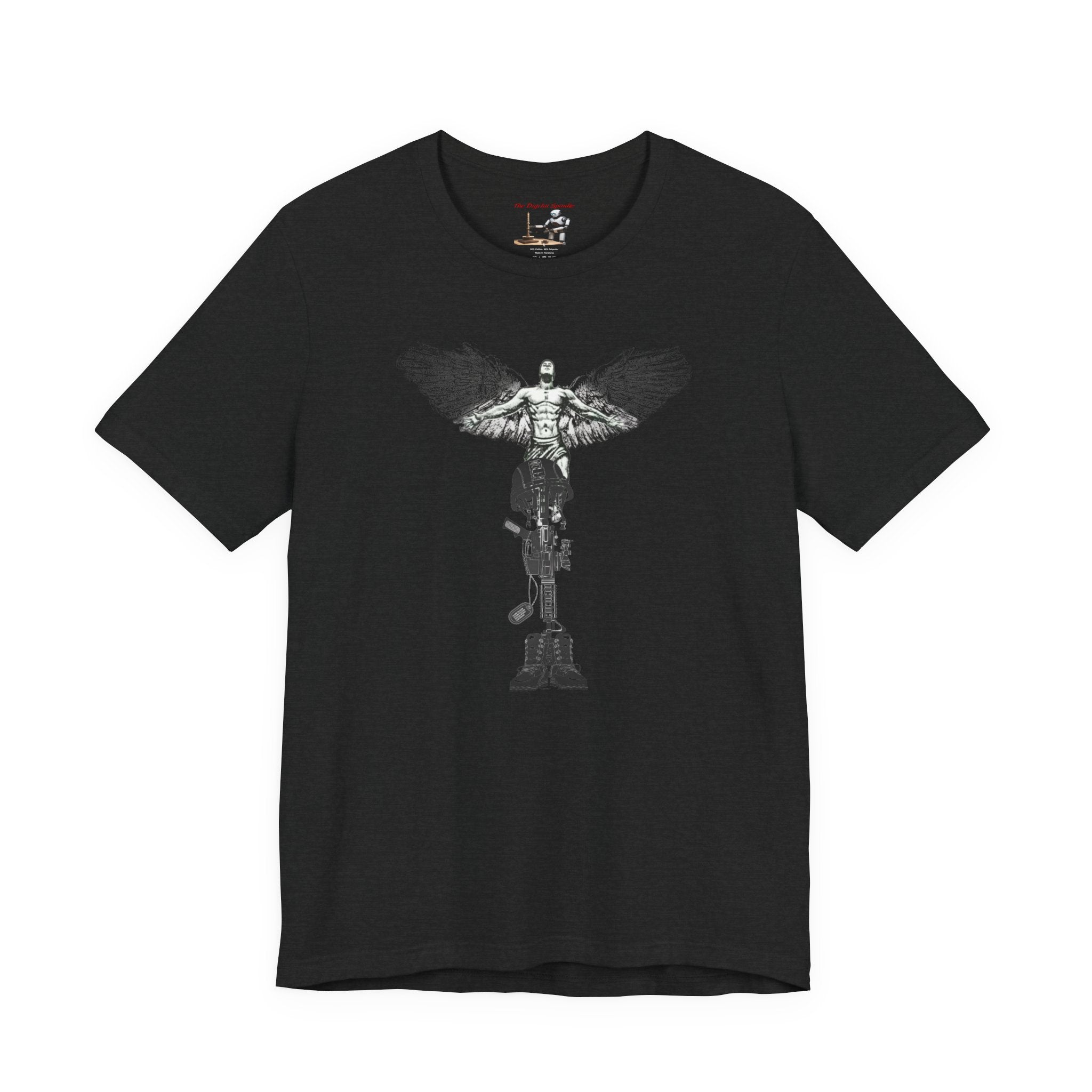 Veteran Tribute Tee — Fallen Soldier Cross with Winged Helmet & 'Forgotten Hero' Bench Back Design