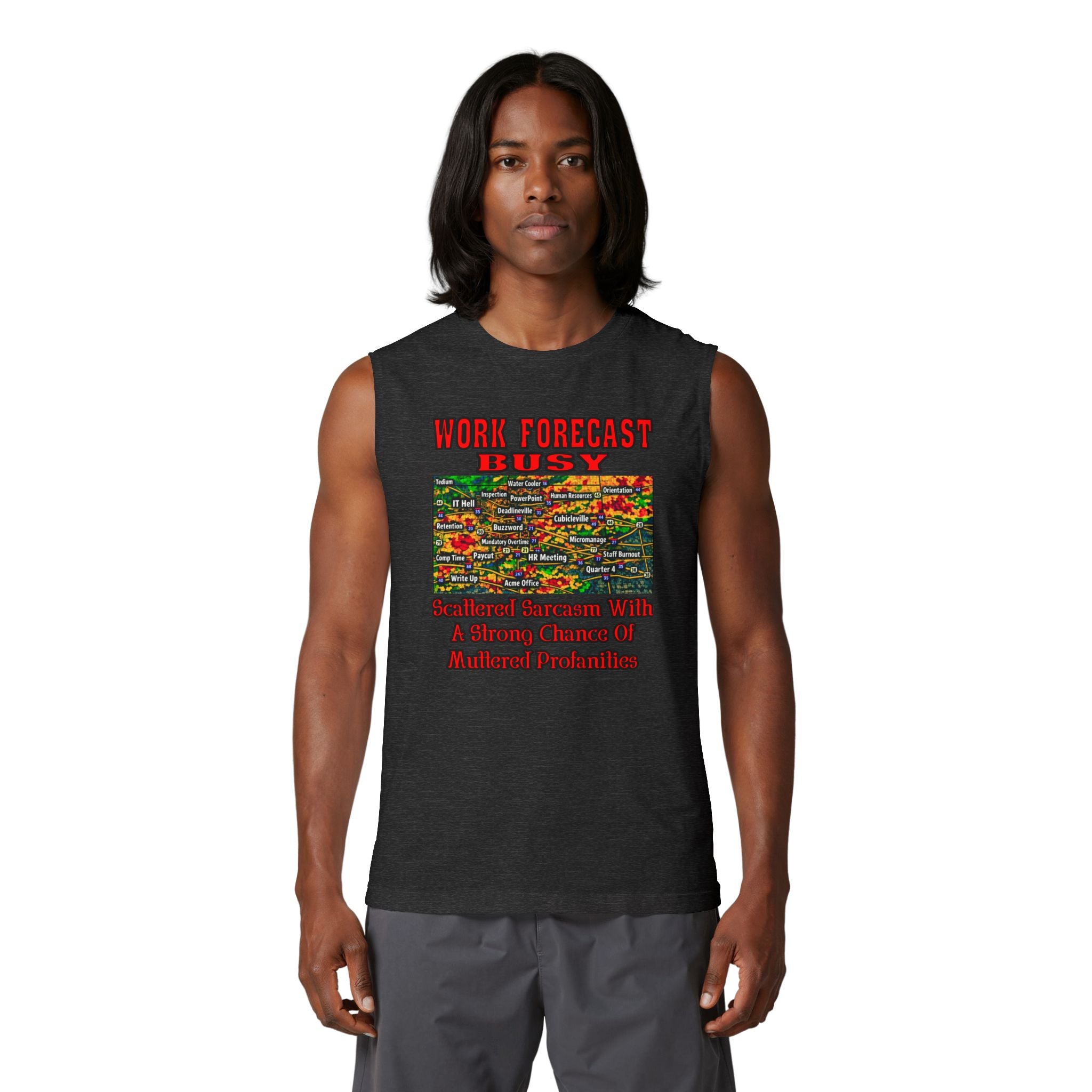 Busy Work Forecast Muscle Tank — 'Work Forecast: Busy' Humorous Office Tank Top