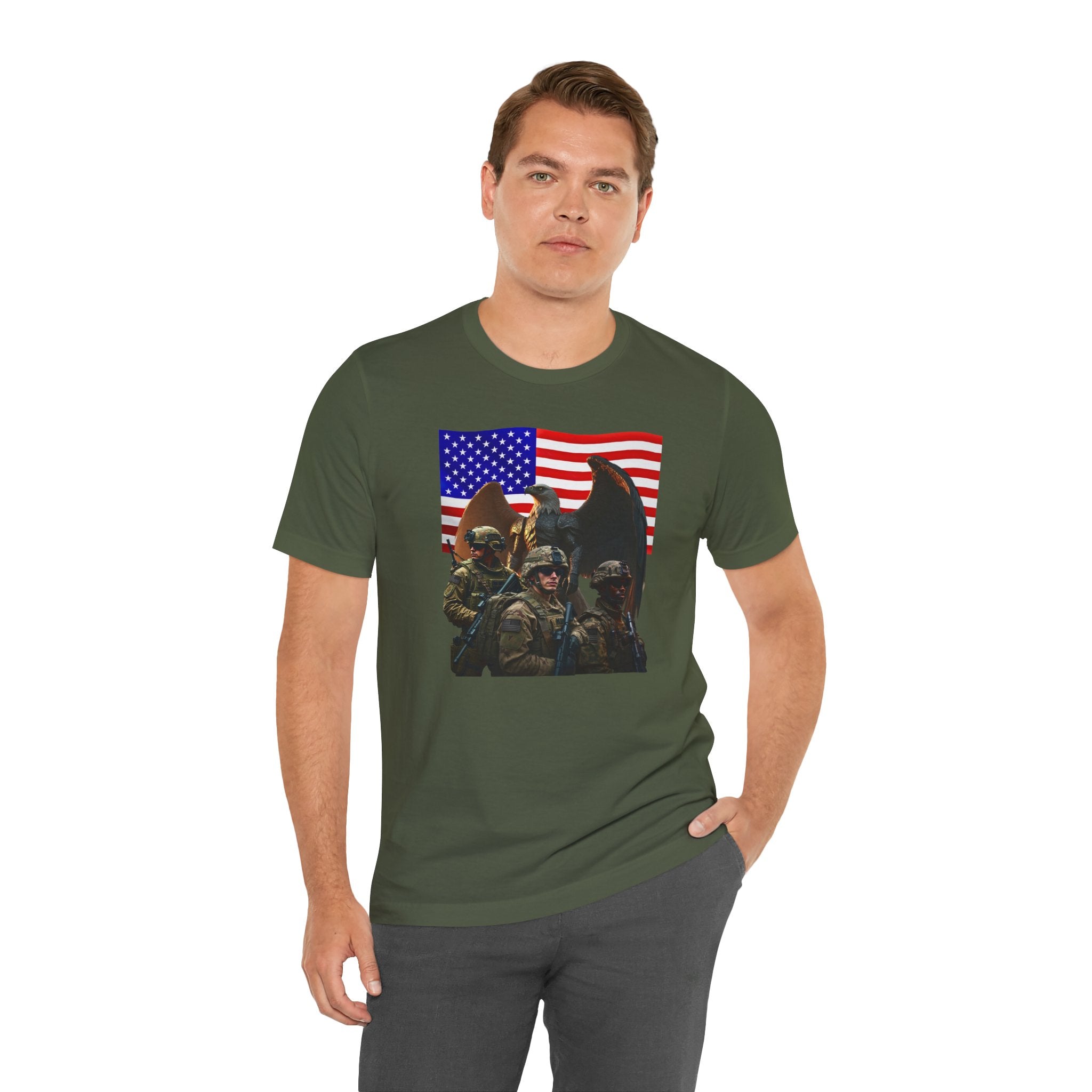 Eagle On Watch T-Shirt — Soldiers with American Flag Graphic