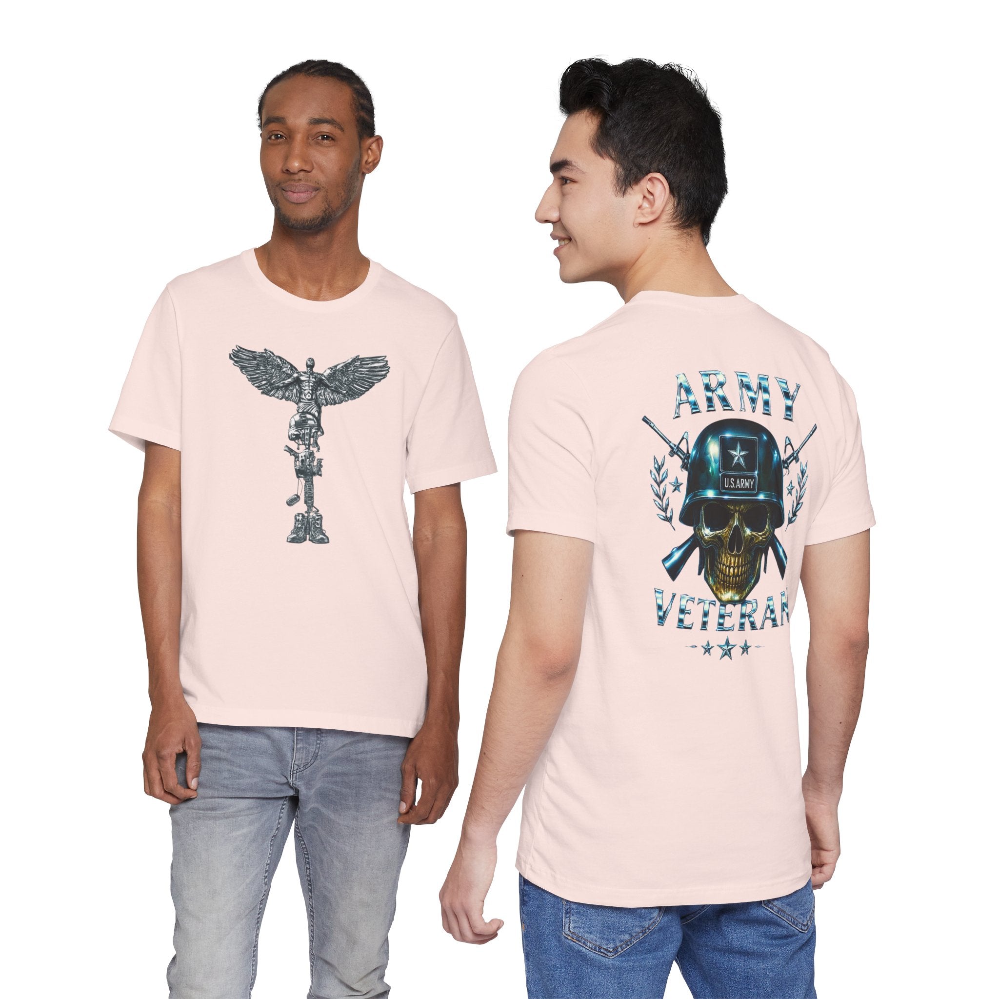 Army Veteran T-Shirt — Military Skull Helmet Back & Winged Medic Front Tee