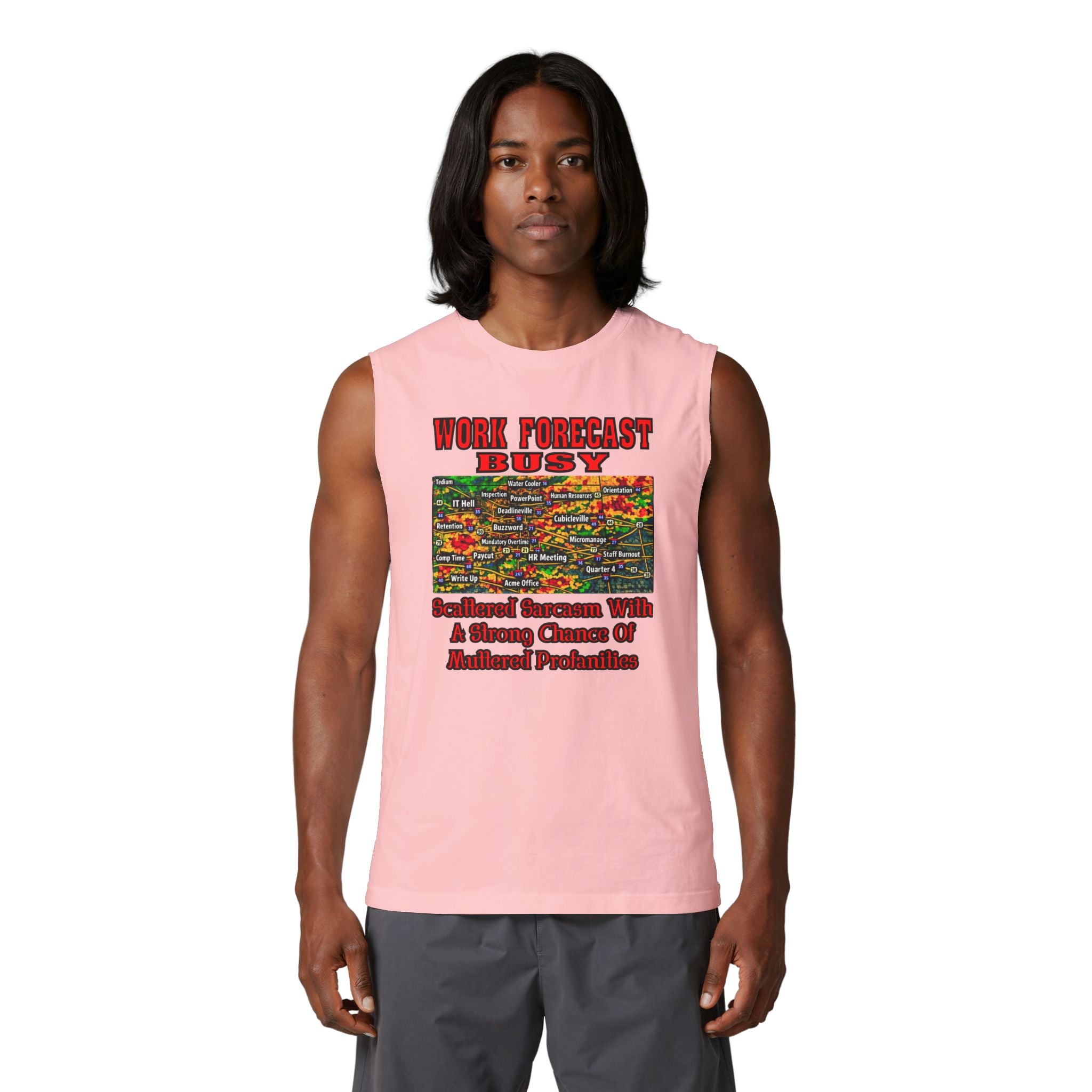 Busy Work Forecast Muscle Tank — 'Work Forecast: Busy' Humorous Office Tank Top