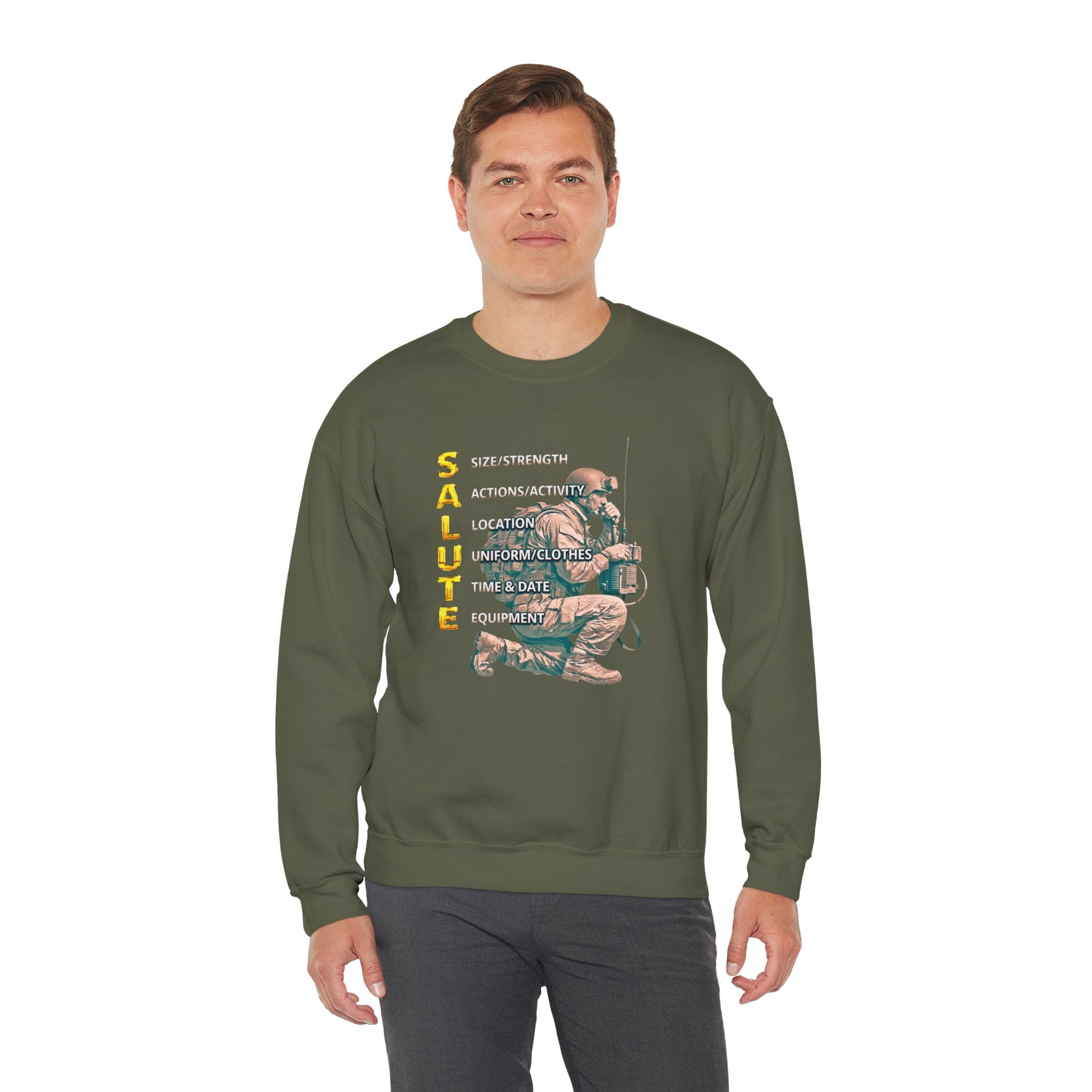 Salute Military Crewneck Sweatshirt — Tactical Kneeling Soldier Design