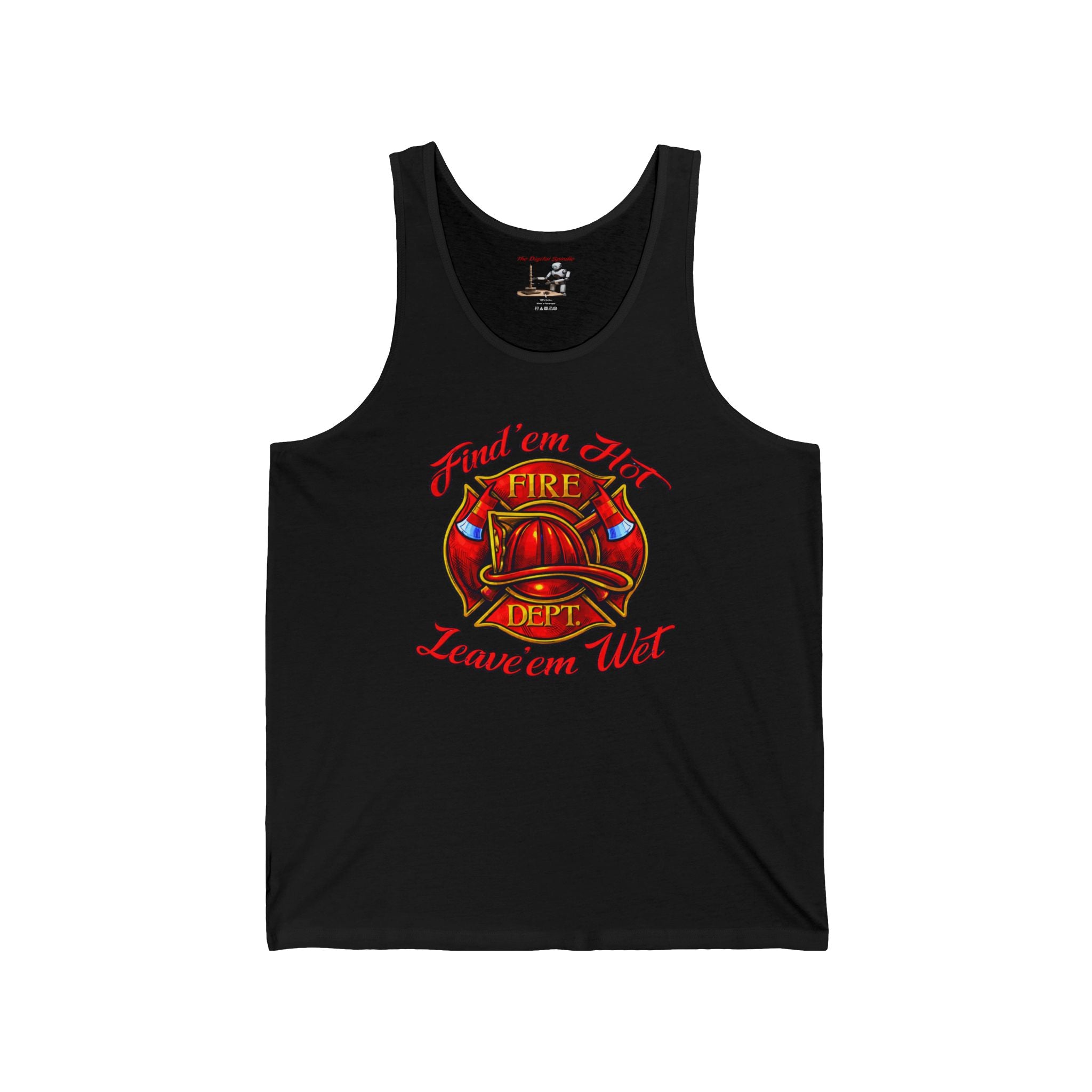 Firefighter Helmet Tank Top - "Find 'em Hot, Leave 'em Wet" Graphic