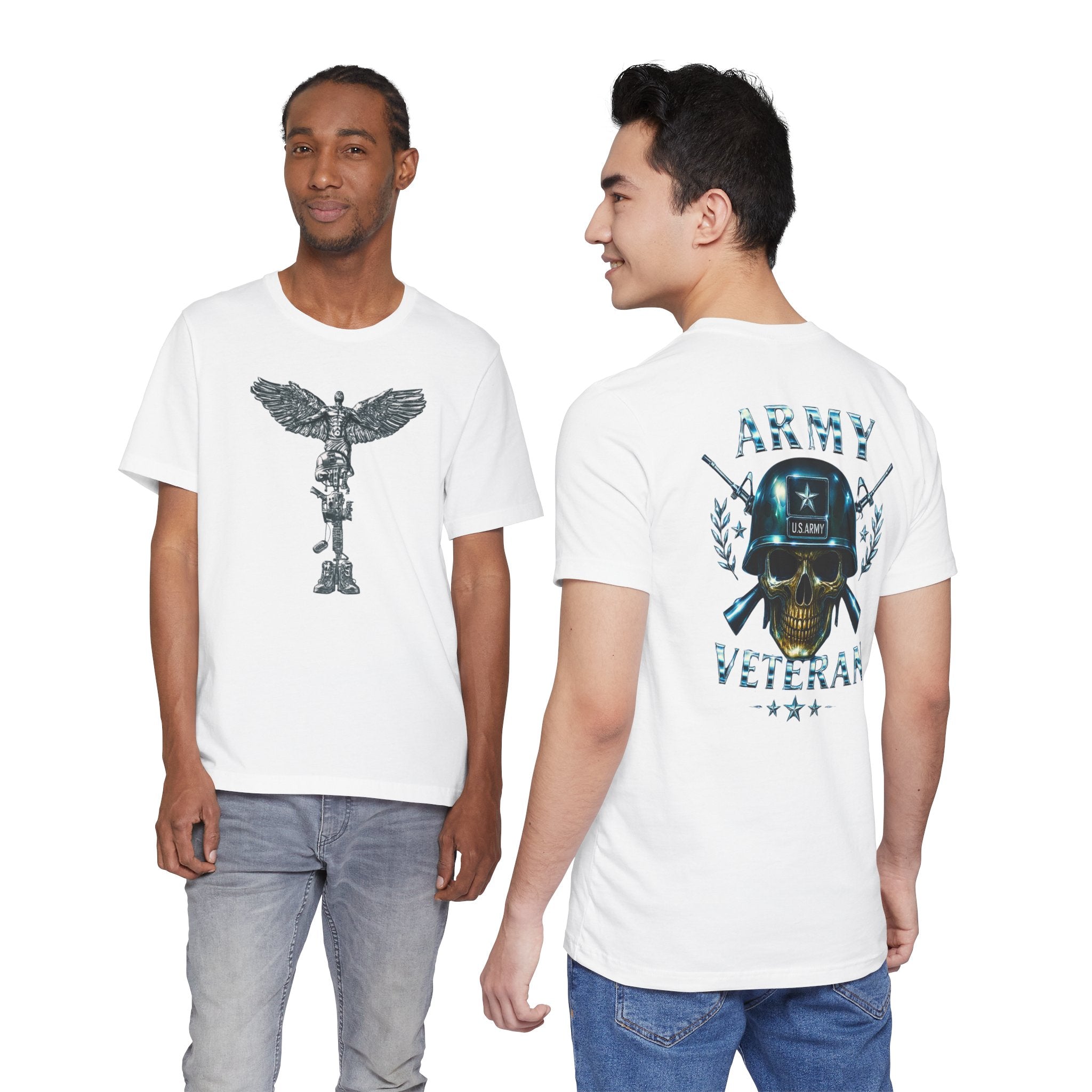 Army Veteran T-Shirt — Military Skull Helmet Back & Winged Medic Front Tee
