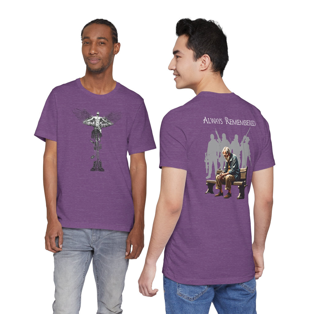 Veteran Tribute Tee — Fallen Soldier Cross with Winged Helmet & 'Forgotten Hero' Bench Back Design