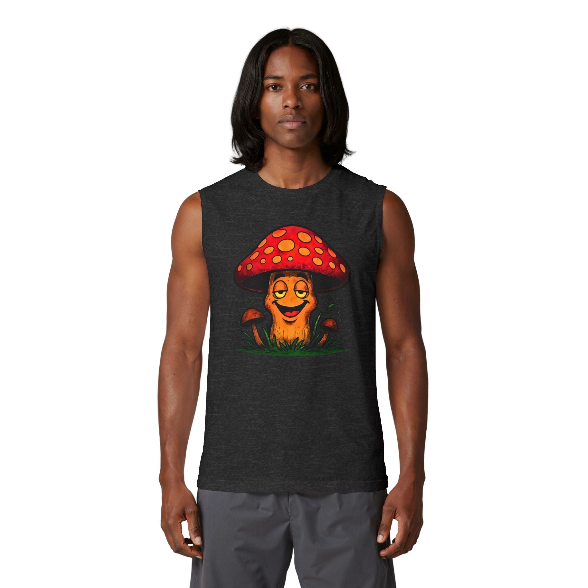 Chill Cartoon Mushroom Muscle Tank — Retro Smiling Fungus Graphic Tee