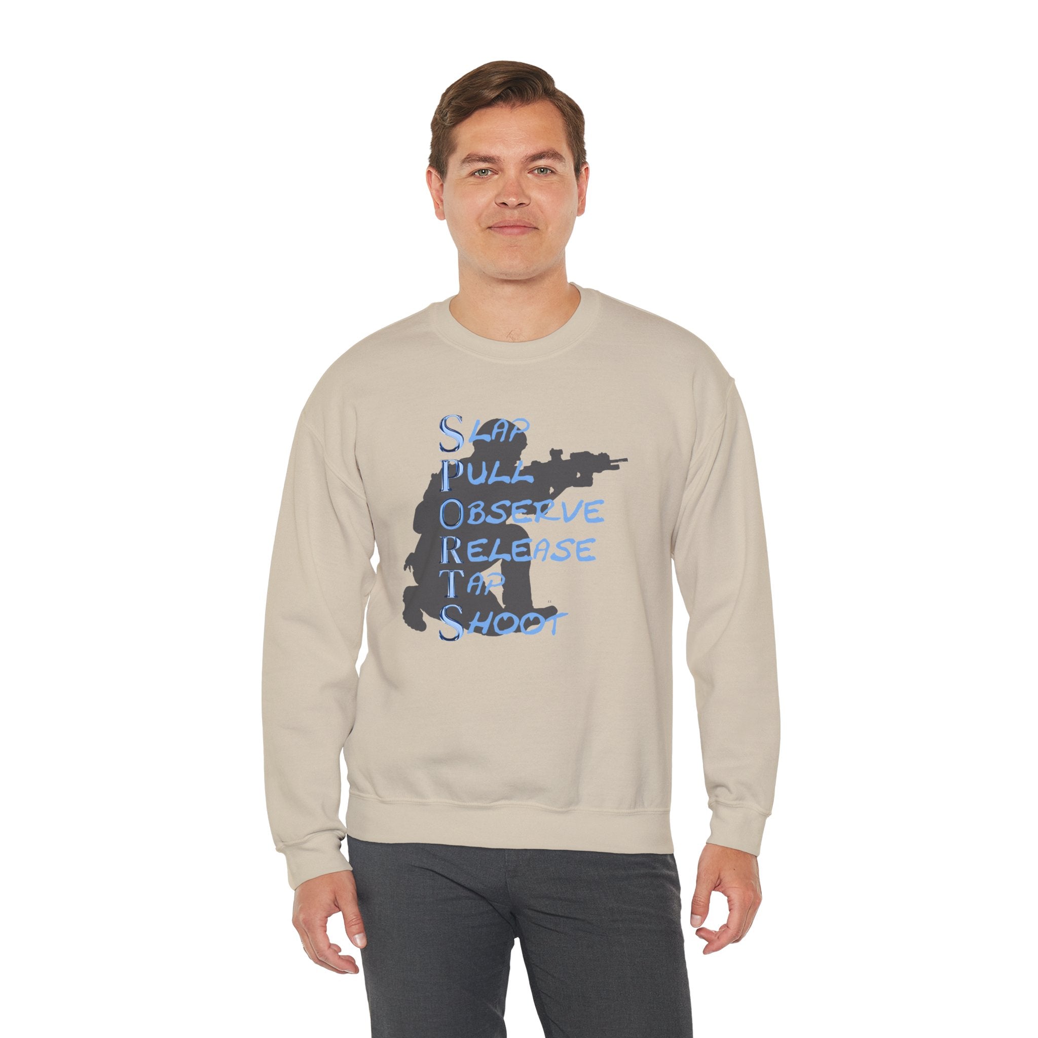 SPORTS Crewneck Sweatshirt – 'Slap Pull Observe Release Take Shoot' Silhouette