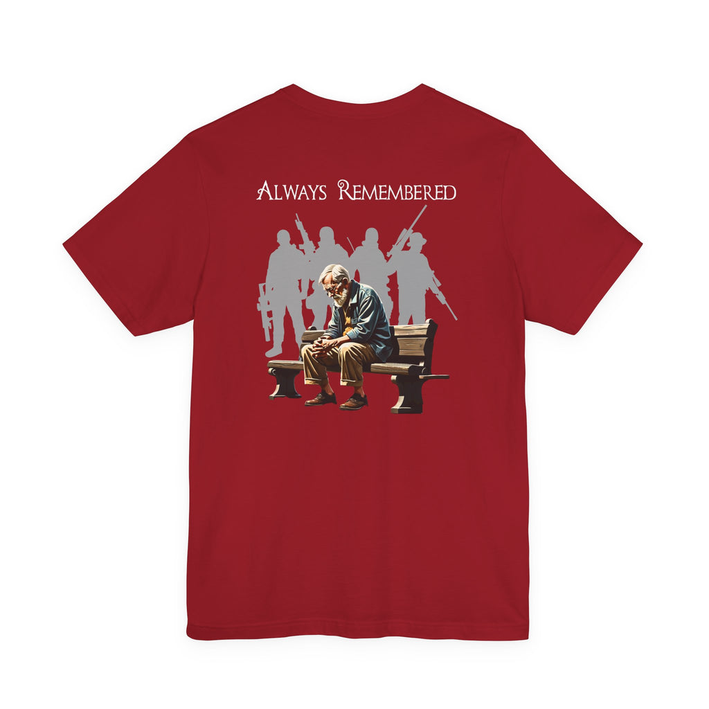 Veteran Tribute Tee — Fallen Soldier Cross with Winged Helmet & 'Forgotten Hero' Bench Back Design