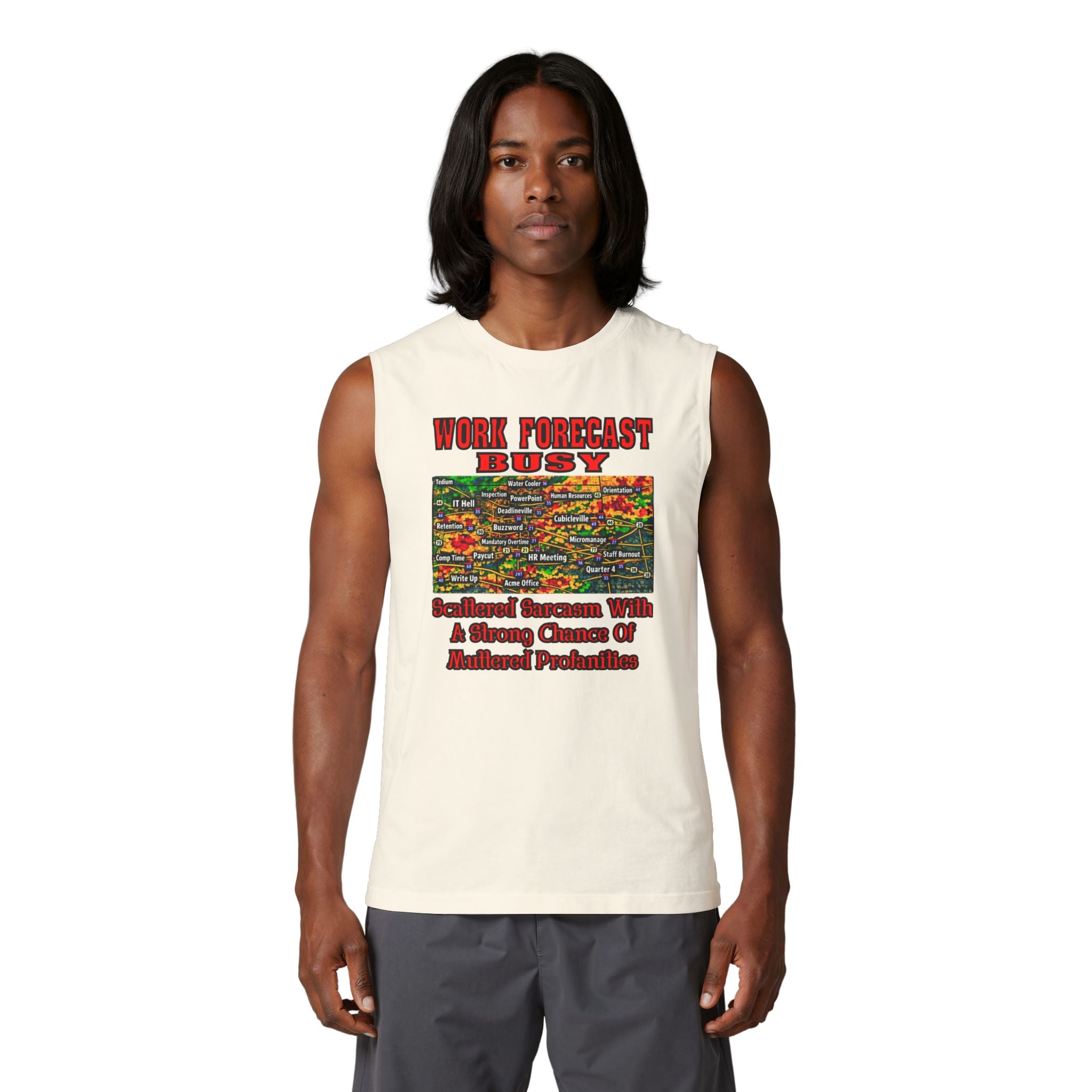 Busy Work Forecast Muscle Tank — 'Work Forecast: Busy' Humorous Office Tank Top