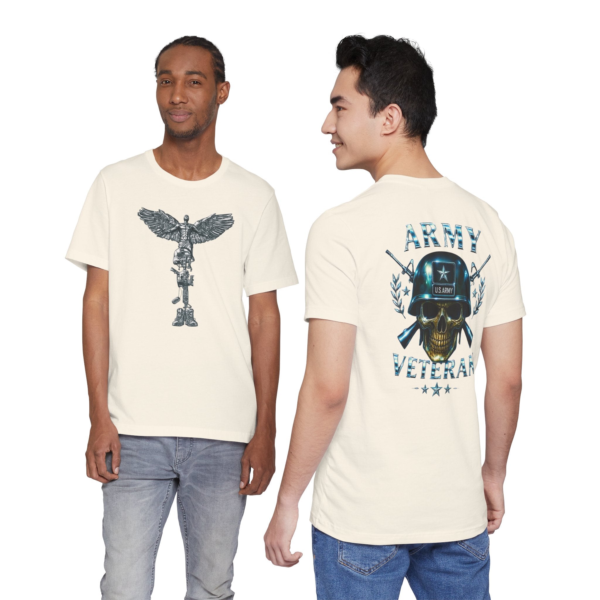 Army Veteran T-Shirt — Military Skull Helmet Back & Winged Medic Front Tee