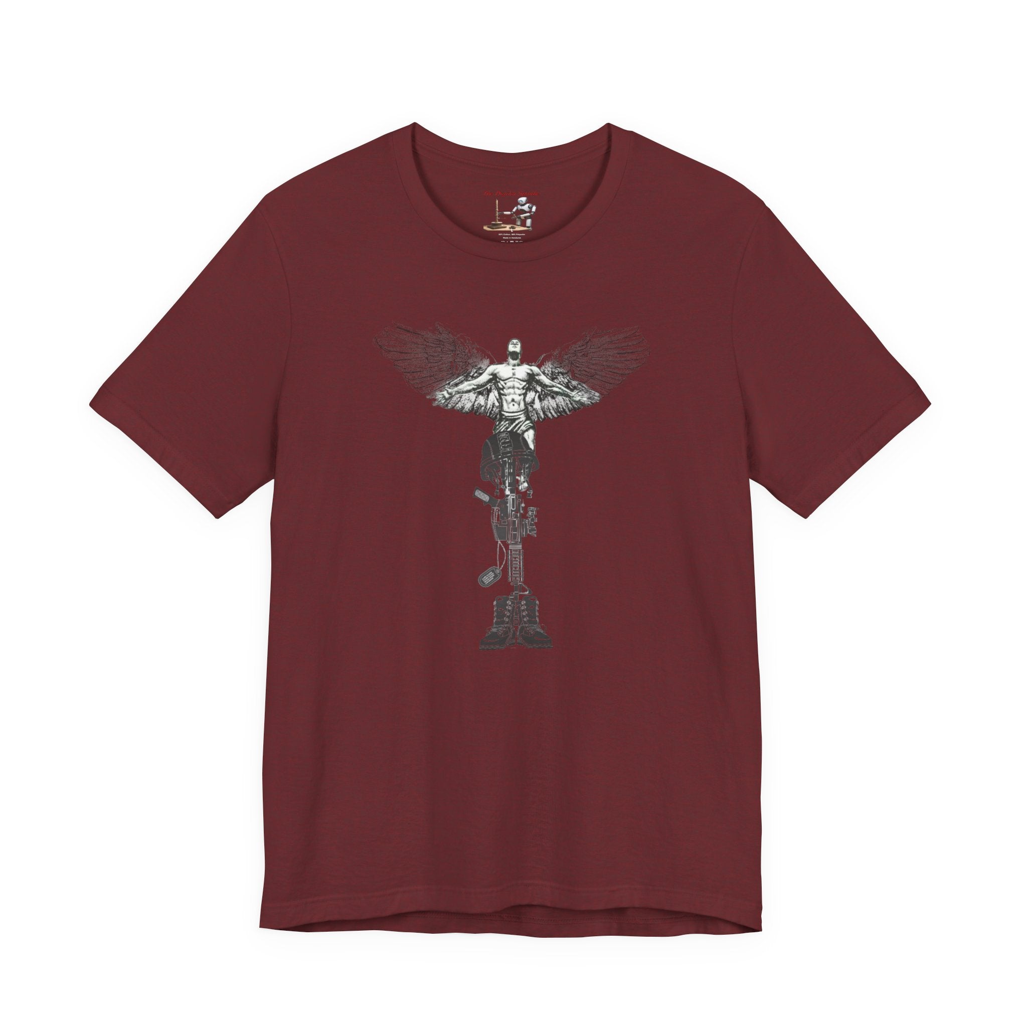 Veteran Tribute Tee — Fallen Soldier Cross with Winged Helmet & 'Forgotten Hero' Bench Back Design