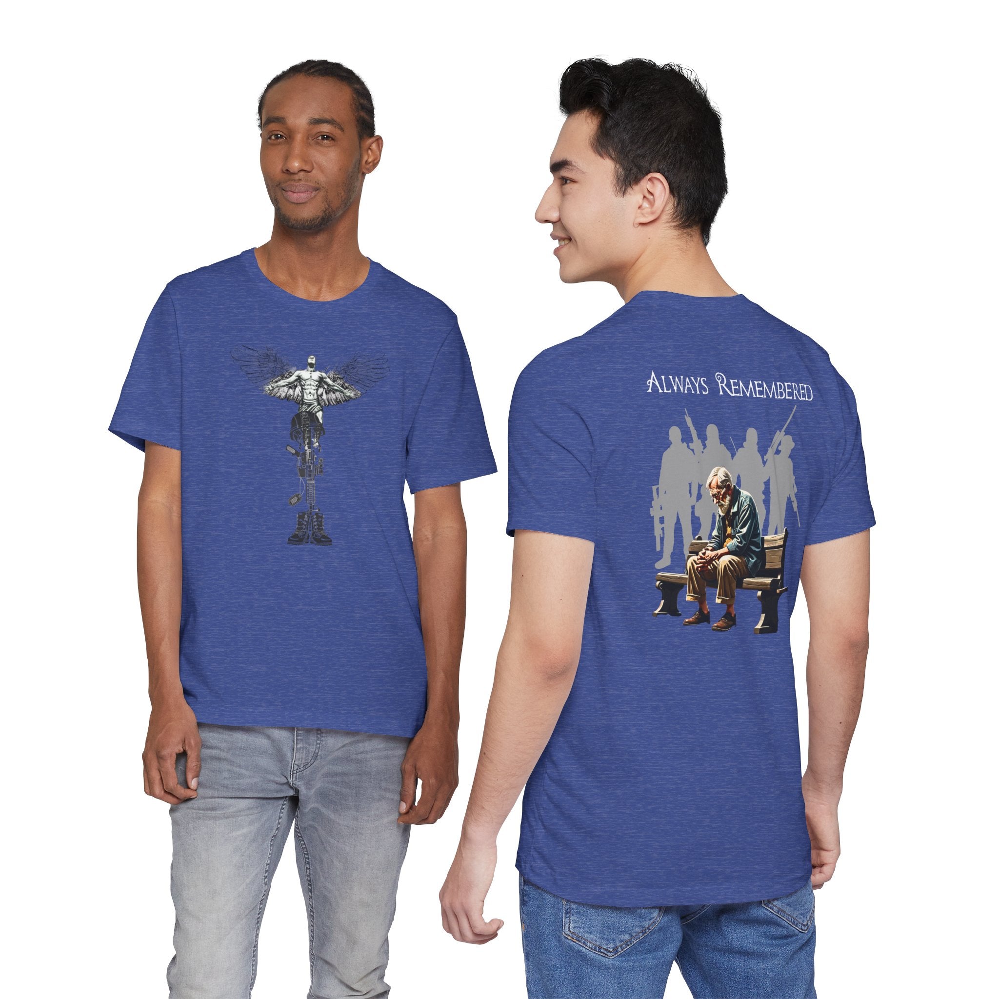 Veteran Tribute Tee — Fallen Soldier Cross with Winged Helmet & 'Forgotten Hero' Bench Back Design