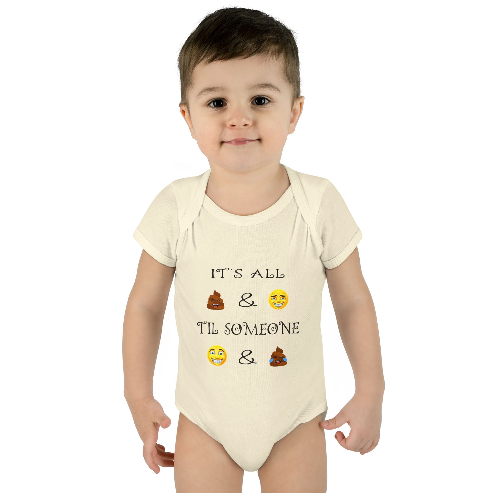 "It's All & 'Til Someone" Poop & Emoji Funny Baby Onesie