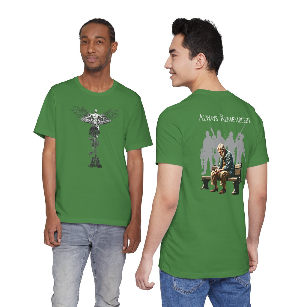Veteran Tribute Tee — Fallen Soldier Cross with Winged Helmet & 'Forgotten Hero' Bench Back Design