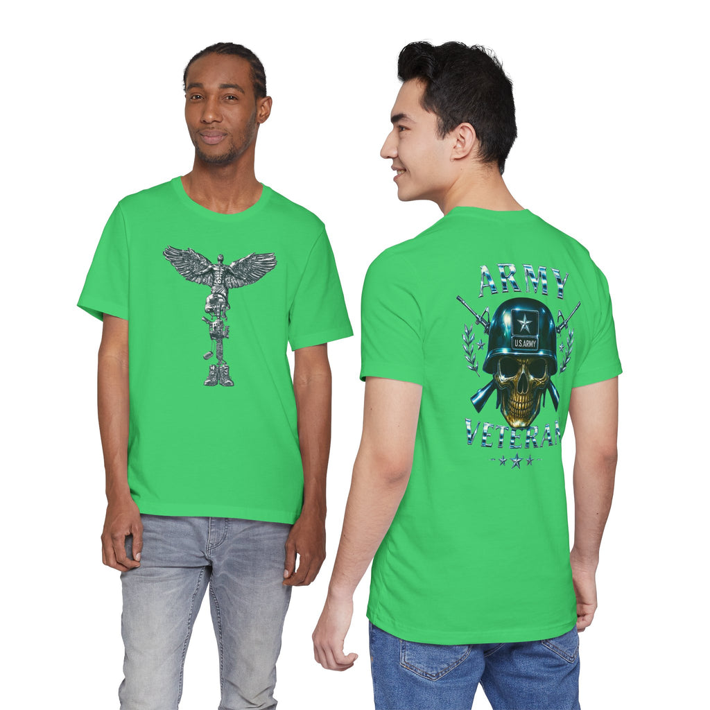 Army Veteran T-Shirt — Military Skull Helmet Back & Winged Medic Front Tee