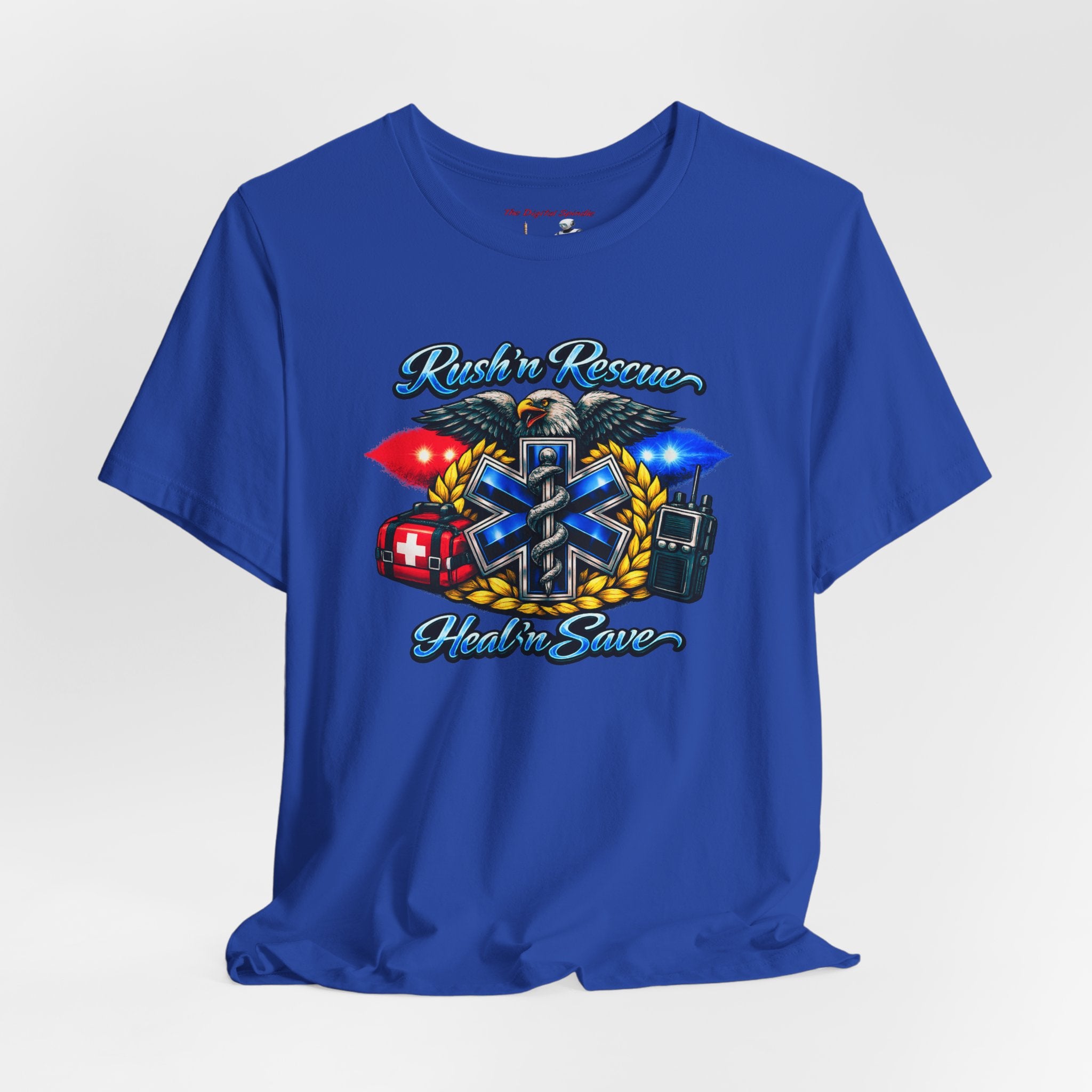 EMS Rescue Tee — "Rush n' Rescue, Heal n' Save" Emergency Medical Shirt