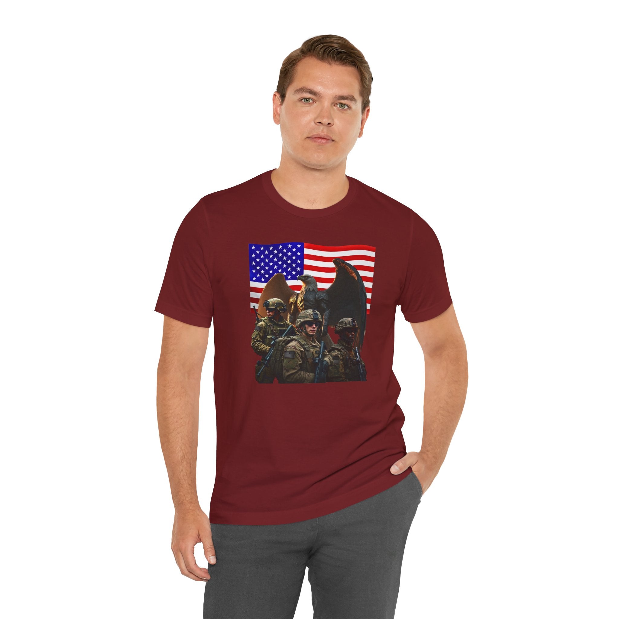 Eagle On Watch T-Shirt — Soldiers with American Flag Graphic