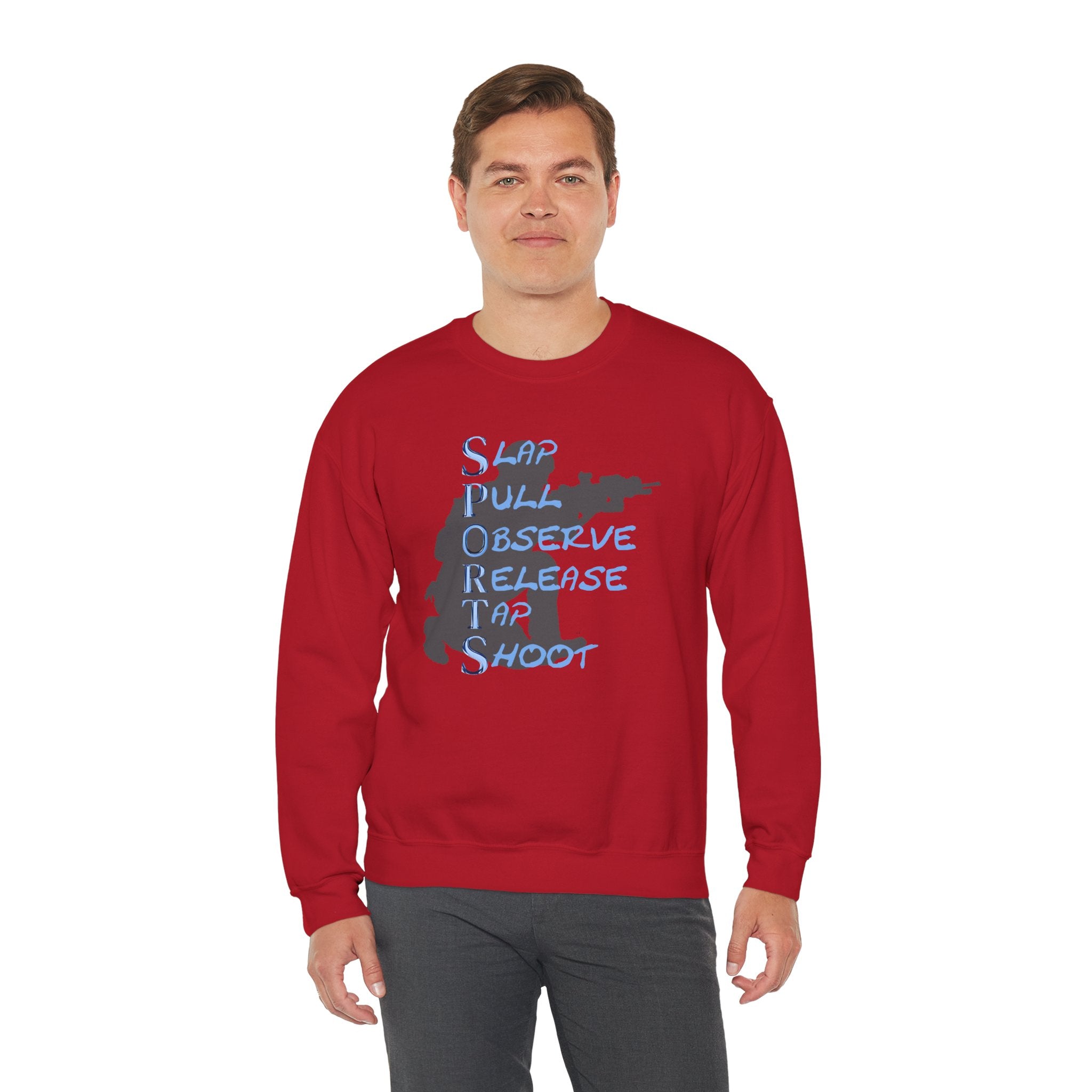 SPORTS Crewneck Sweatshirt – 'Slap Pull Observe Release Take Shoot' Silhouette
